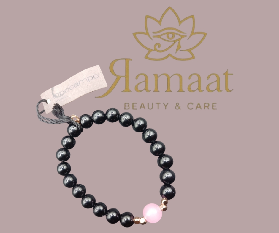 Bracciale con perline di onice nero e quarzo rosa ippocampo