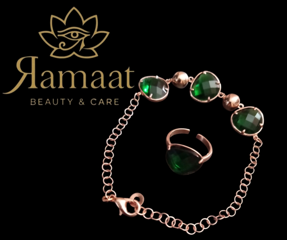 Set di bracciale e anello con pietre preziose verdi in bronzo ippocampo