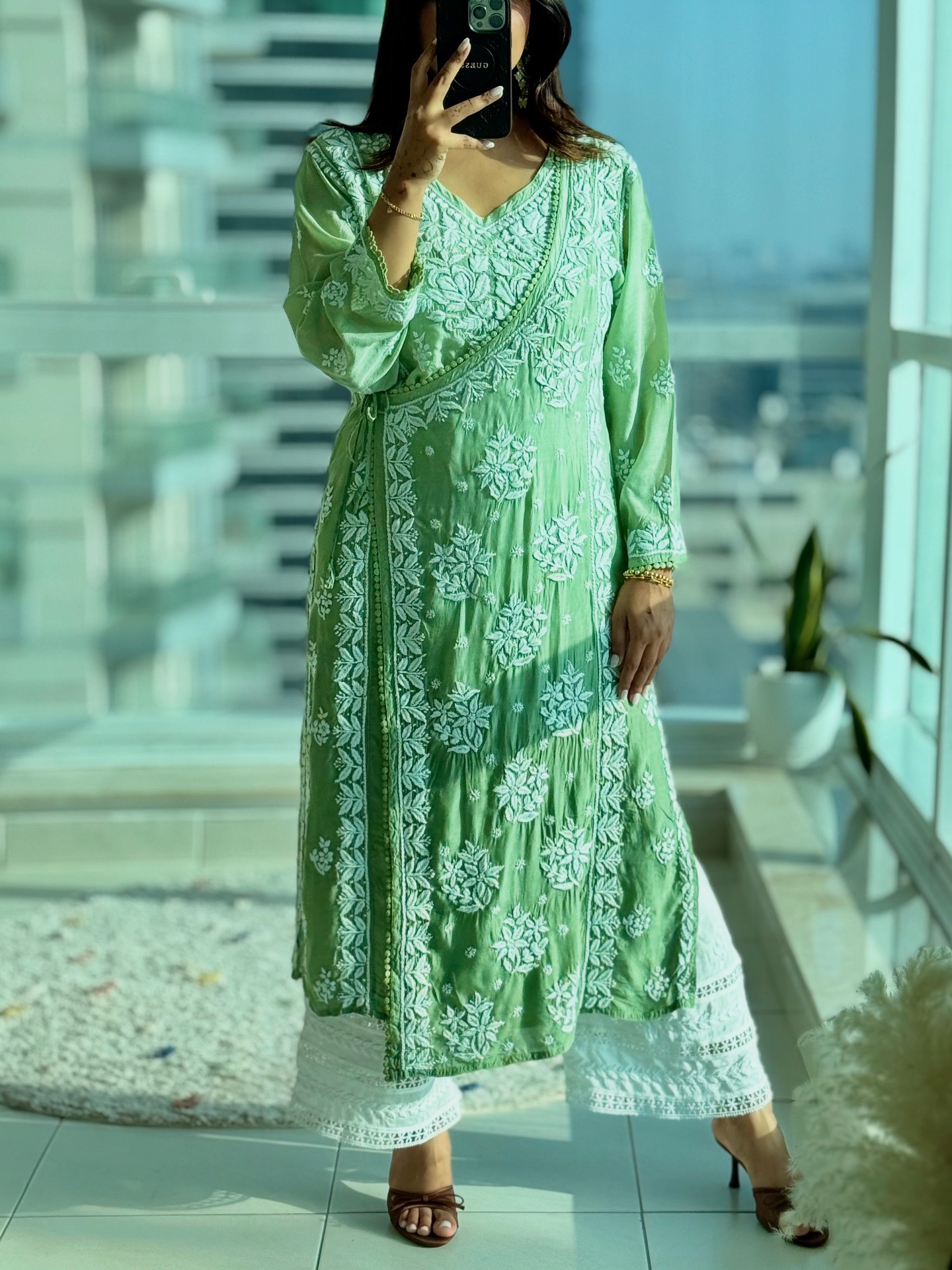 Muslin Angrakha set - Chikankari