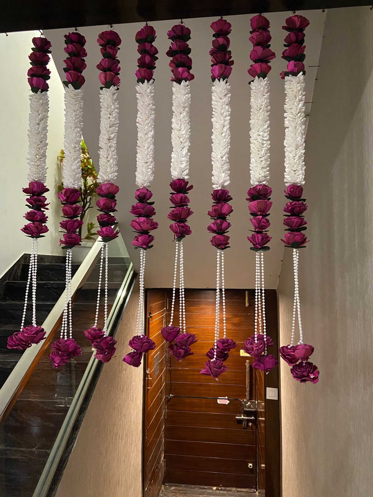 Luxury Artificial Rose & White Floral Hanging Strings, Handmade Wedding Backdrop Decor, Ceiling Hanging Garland, Mehndi Haldi Mandap Decoration, Indian Event Decor   (PACK OF 6)