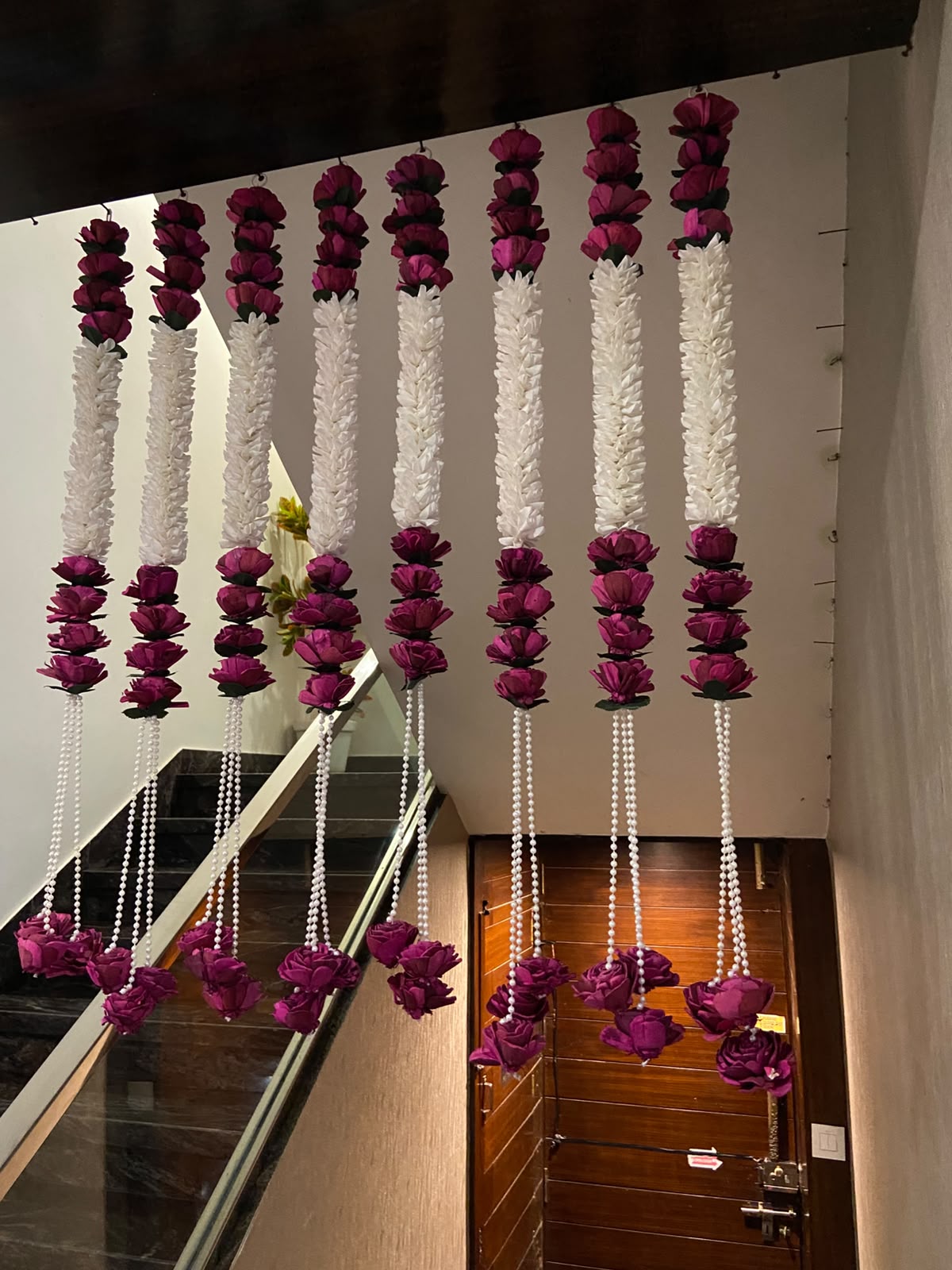 Luxury Artificial Rose & White Floral Hanging Strings, Handmade Wedding Backdrop Decor, Ceiling Hanging Garland, Mehndi Haldi Mandap Decoration, Indian Event Decor   (PACK OF 6)