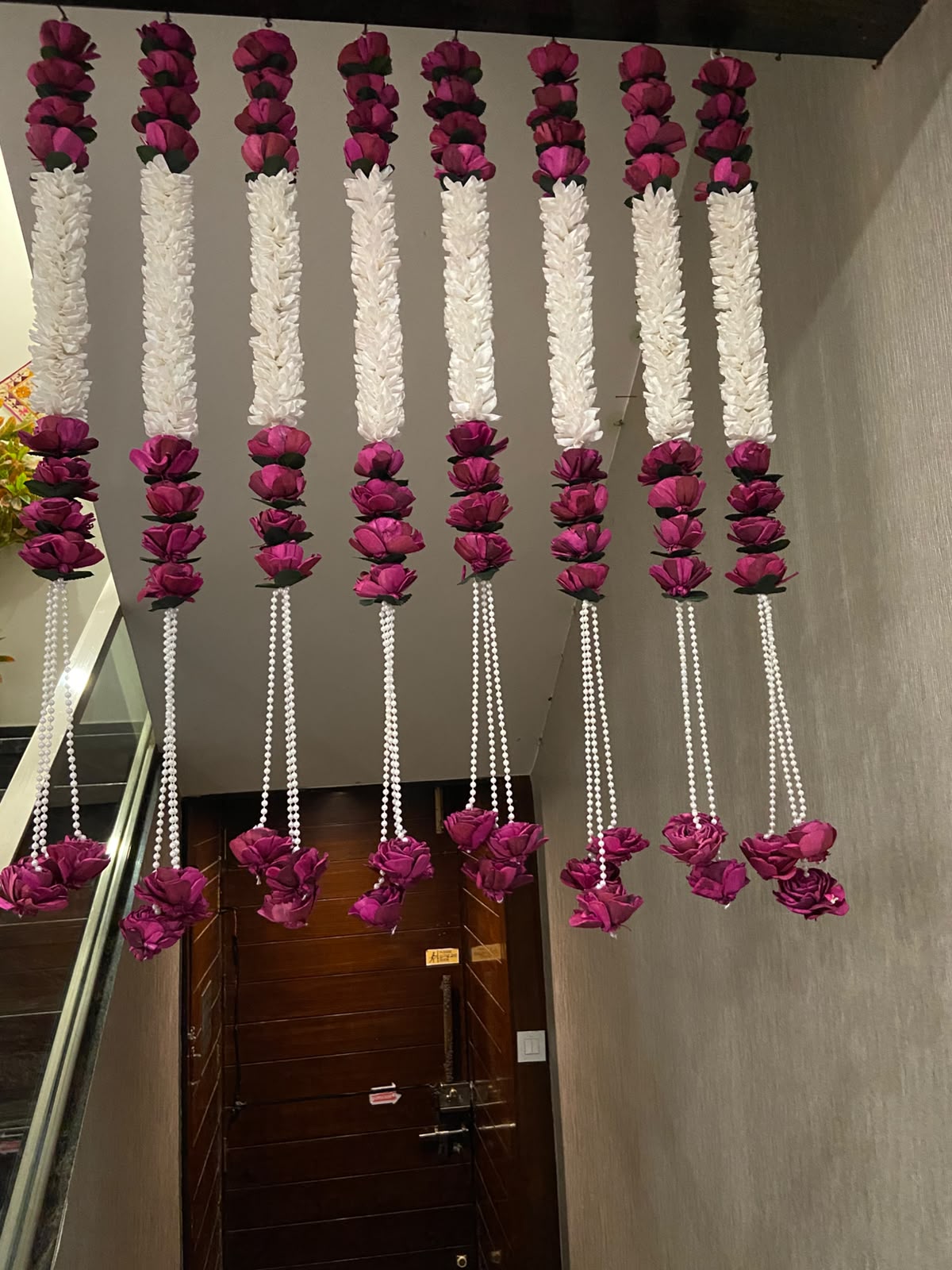 Luxury Artificial Rose & White Floral Hanging Strings, Handmade Wedding Backdrop Decor, Ceiling Hanging Garland, Mehndi Haldi Mandap Decoration, Indian Event Decor   (PACK OF 6)
