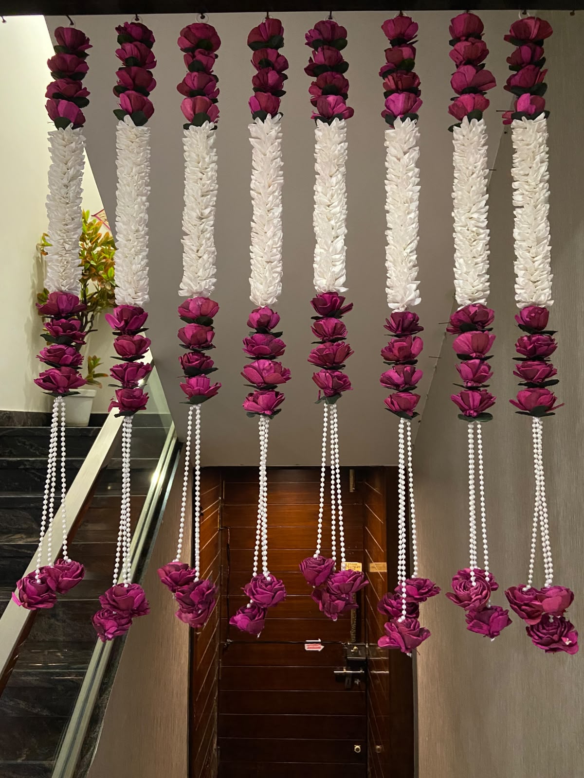 Luxury Artificial Rose & White Floral Hanging Strings, Handmade Wedding Backdrop Decor, Ceiling Hanging Garland, Mehndi Haldi Mandap Decoration, Indian Event Decor   (PACK OF 6)