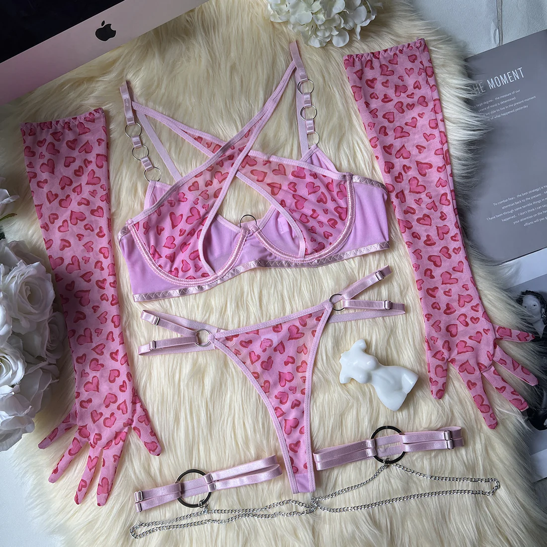 Pink Heart Pattern Lingerie Set