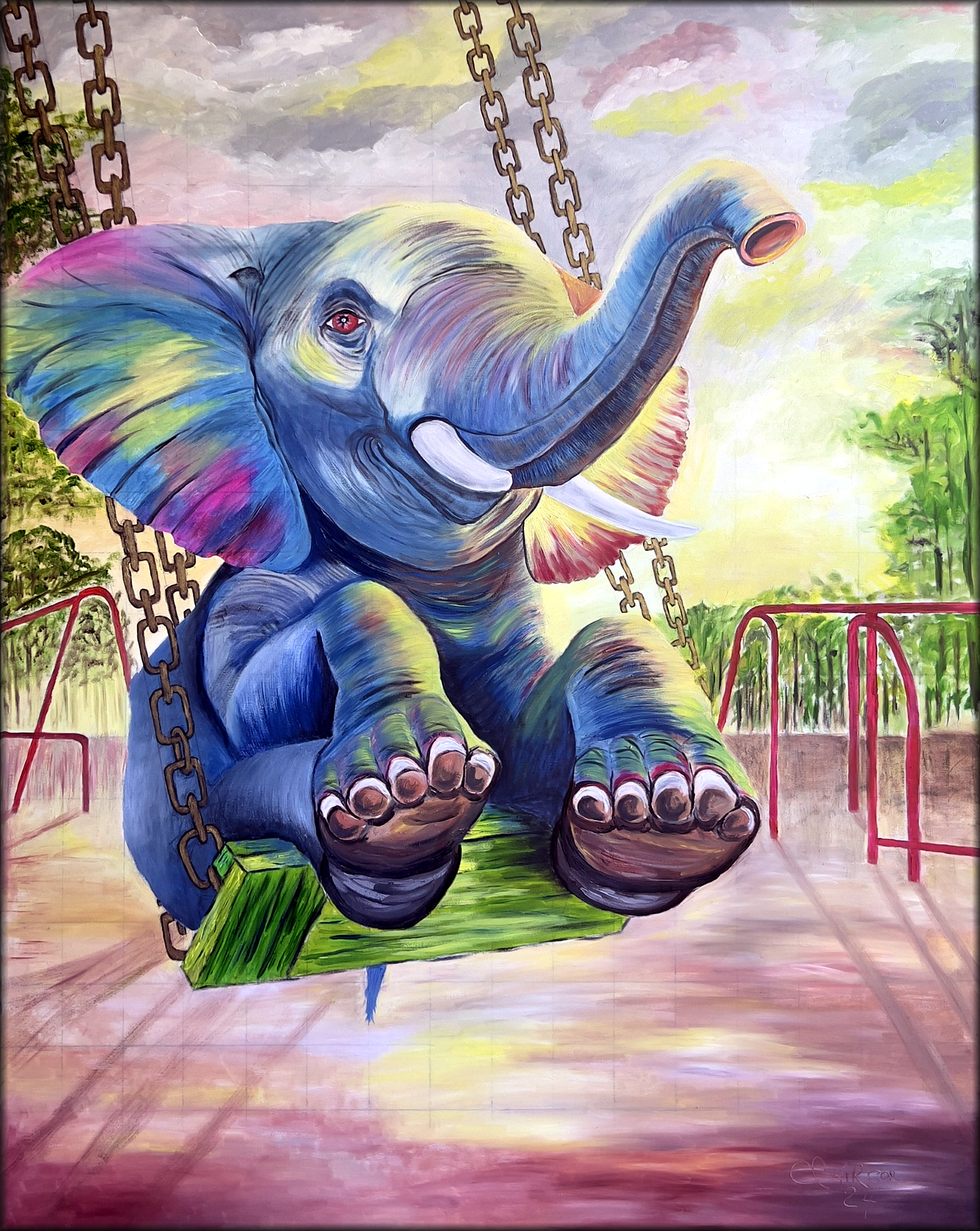 Baby Elephant Swinging in The Park Oil Painting (2024)