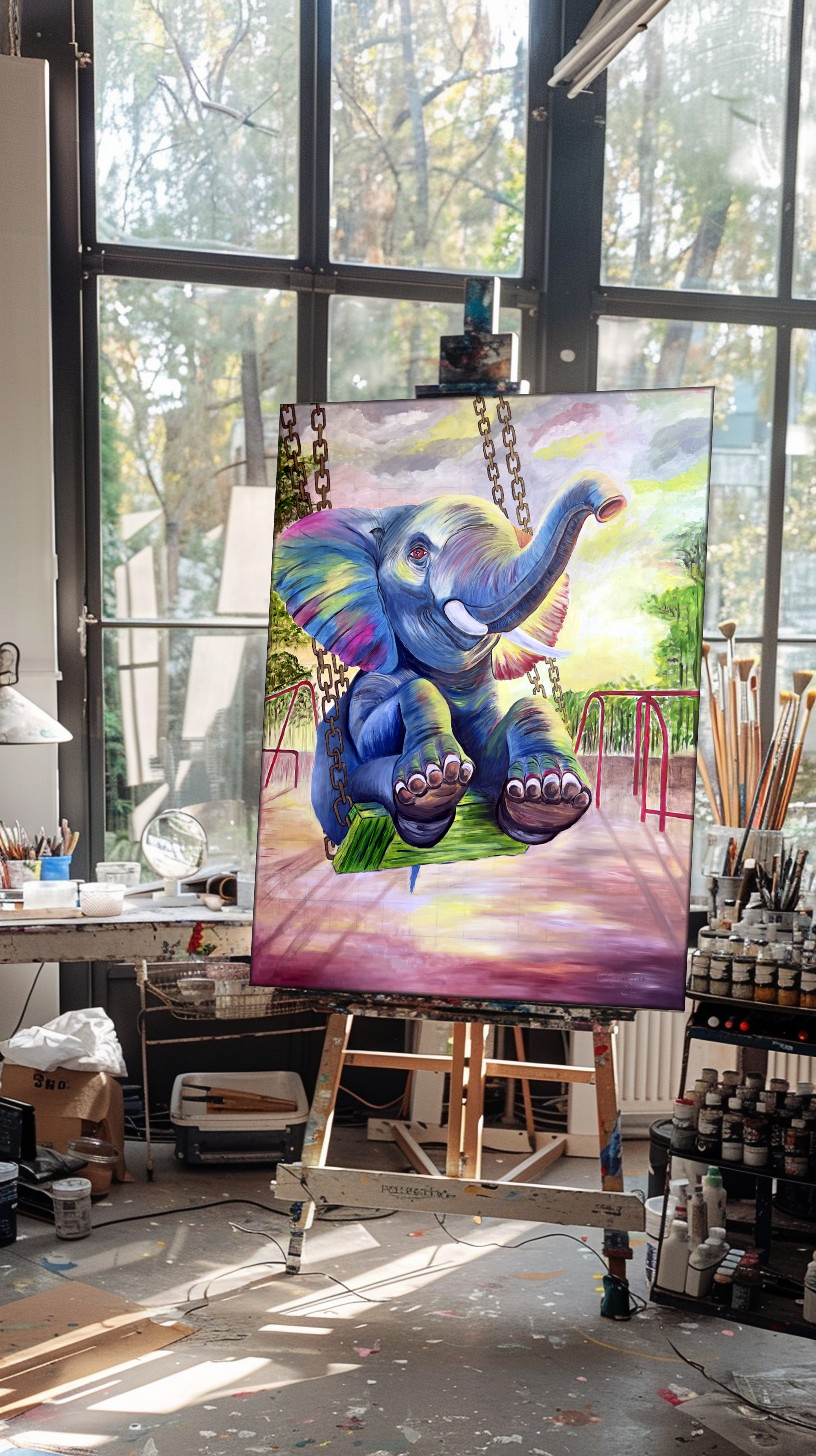 Baby Elephant Swinging in The Park Oil Painting (2024)