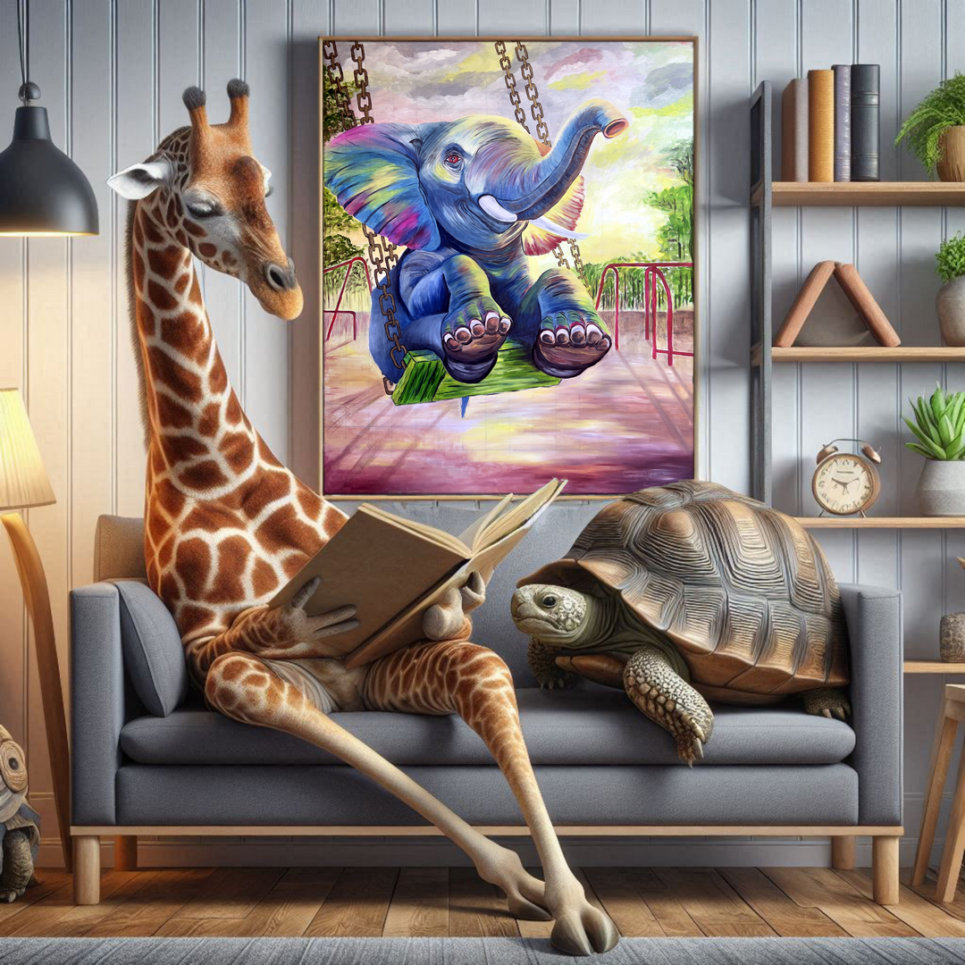 Baby Elephant Swinging in The Park Oil Painting (2024)
