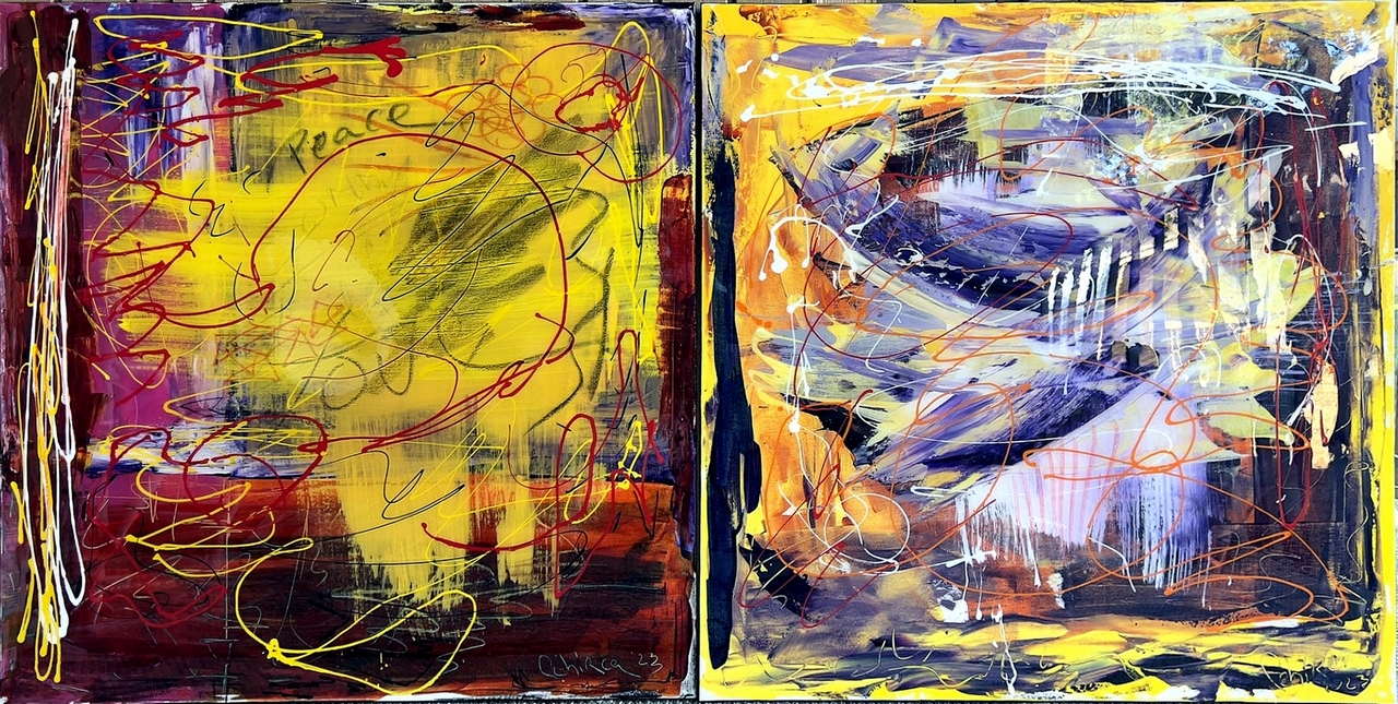 PEACE Abstract Expressionist Diptych Acrylic Painting (2023)