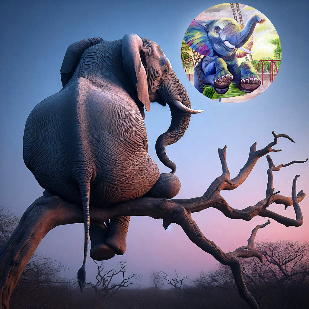 Baby Elephant Swinging in The Park Oil Painting (2024)
