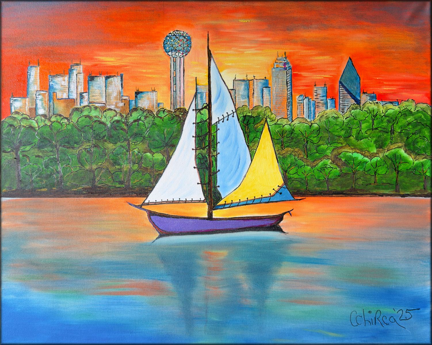 Dallas Sunrise Cityscape Sailboat Painting 2025