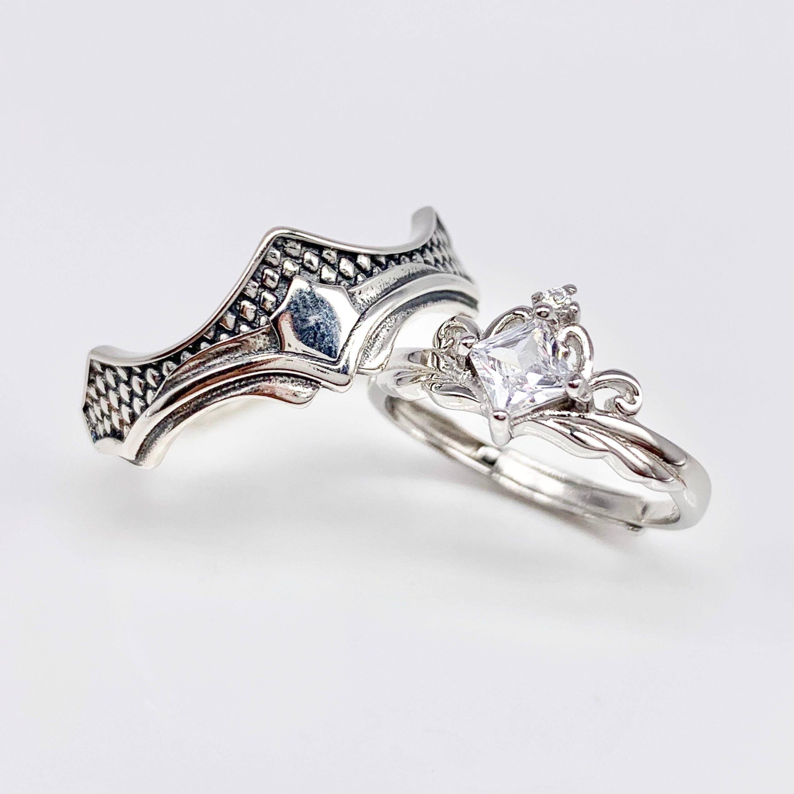 Set of 2 Adjustable couples Triangle Patterns Anniversary Rings, Real Silver S925