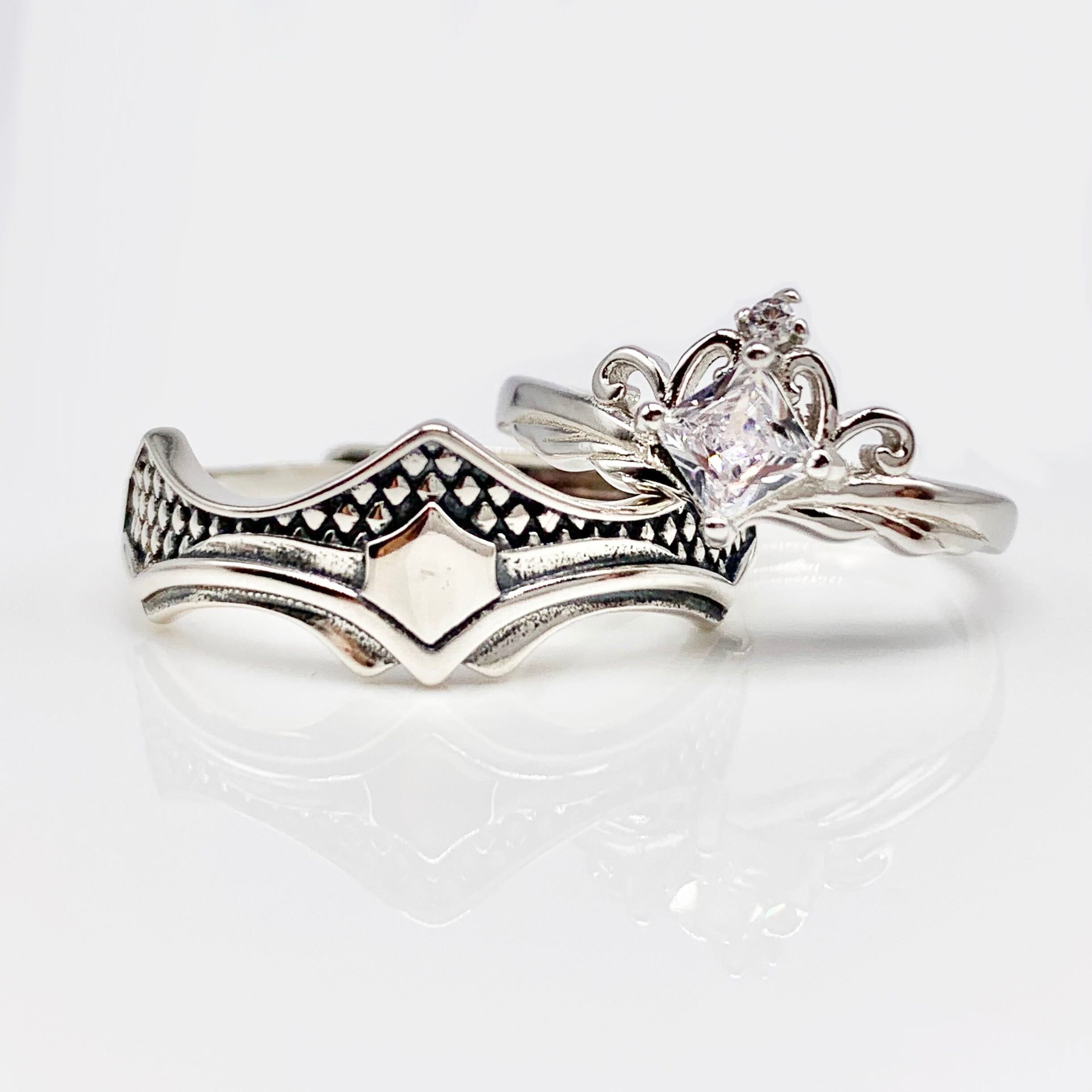 Set of 2 Adjustable couples Triangle Patterns Anniversary Rings, Real Silver S925 