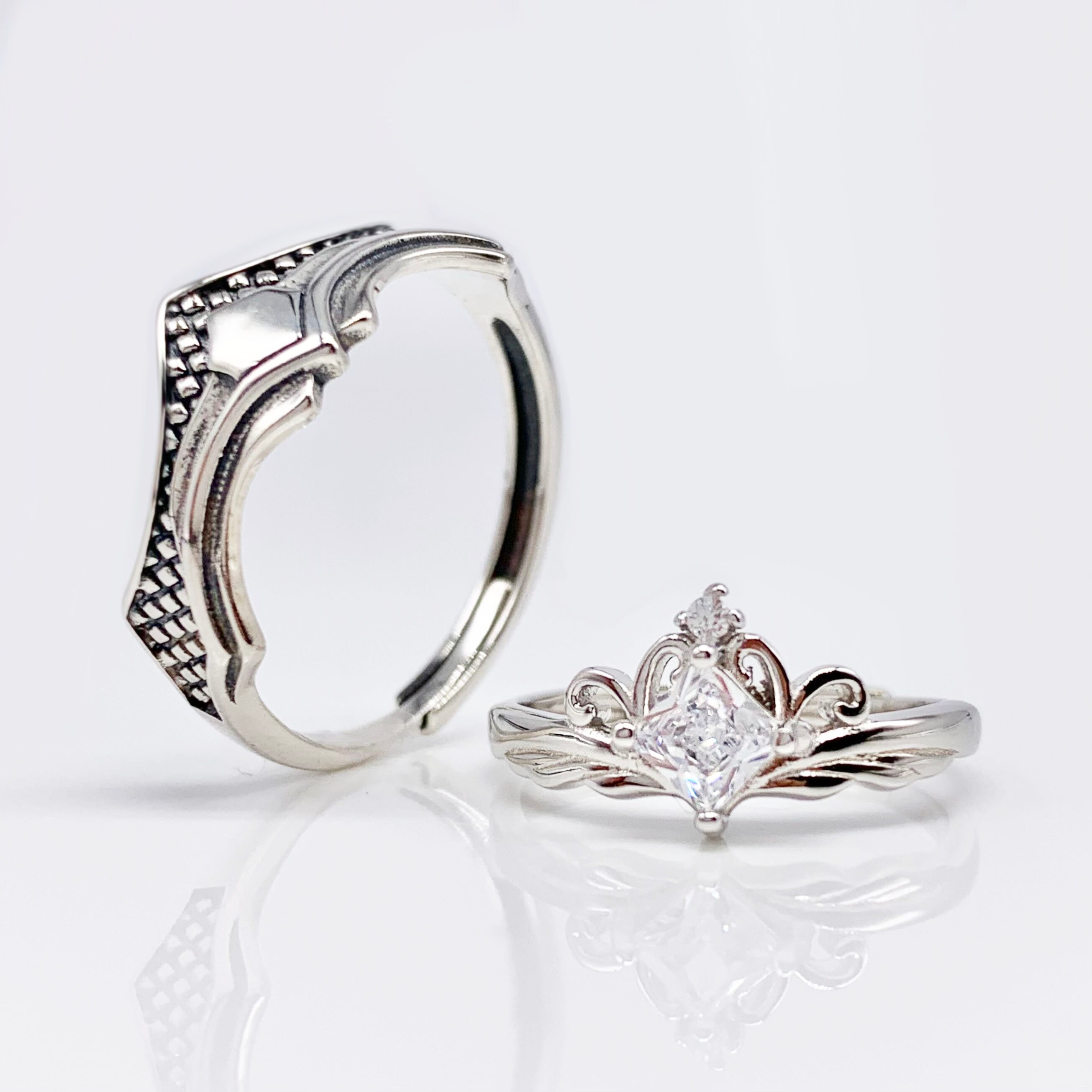 Set of 2 Adjustable couples Triangle Patterns Anniversary Rings, Real Silver S925 