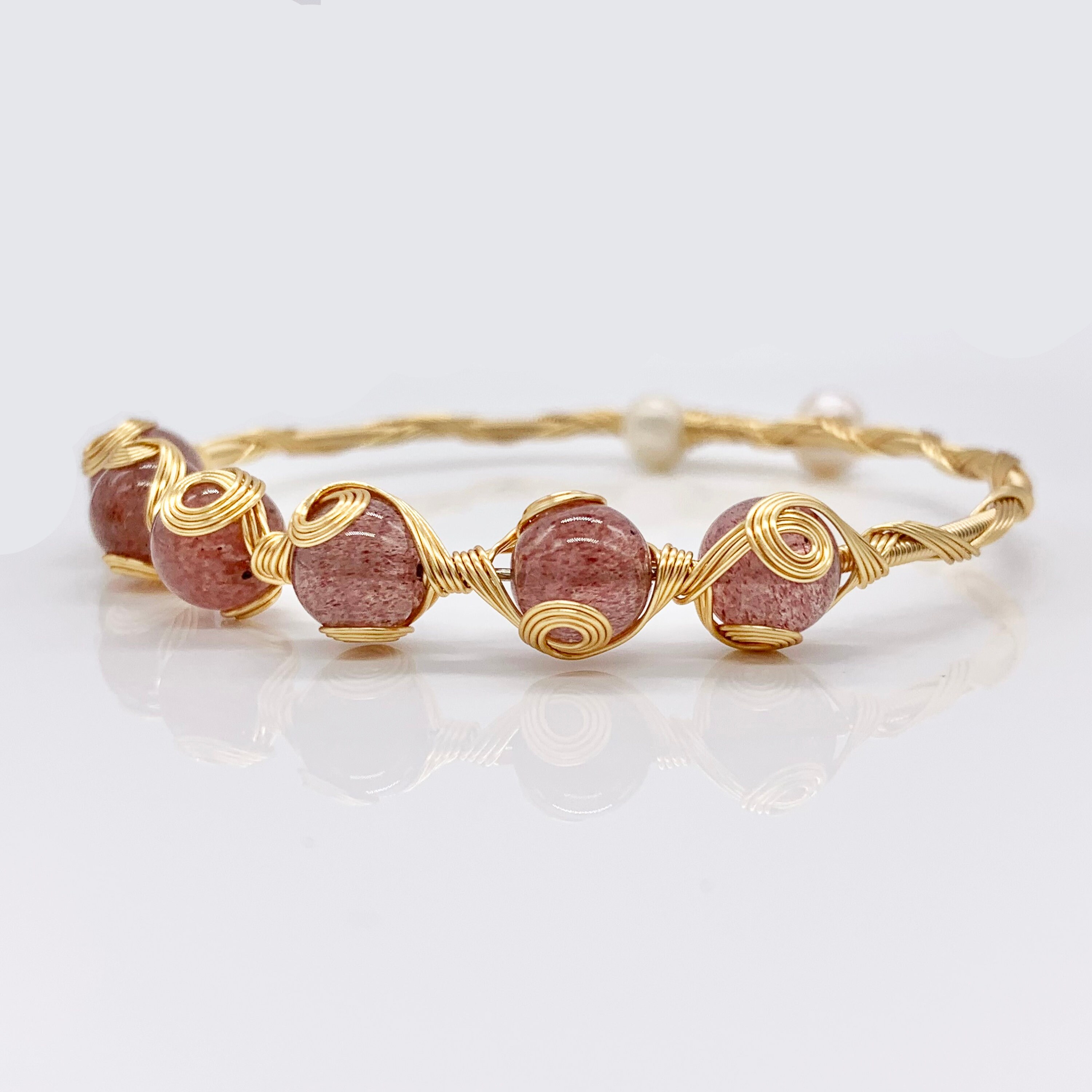 pink pearl, strawberry quartz, agate, and onyx Handmade Gemstone Adjustable copper bracelet plated with 14k gold