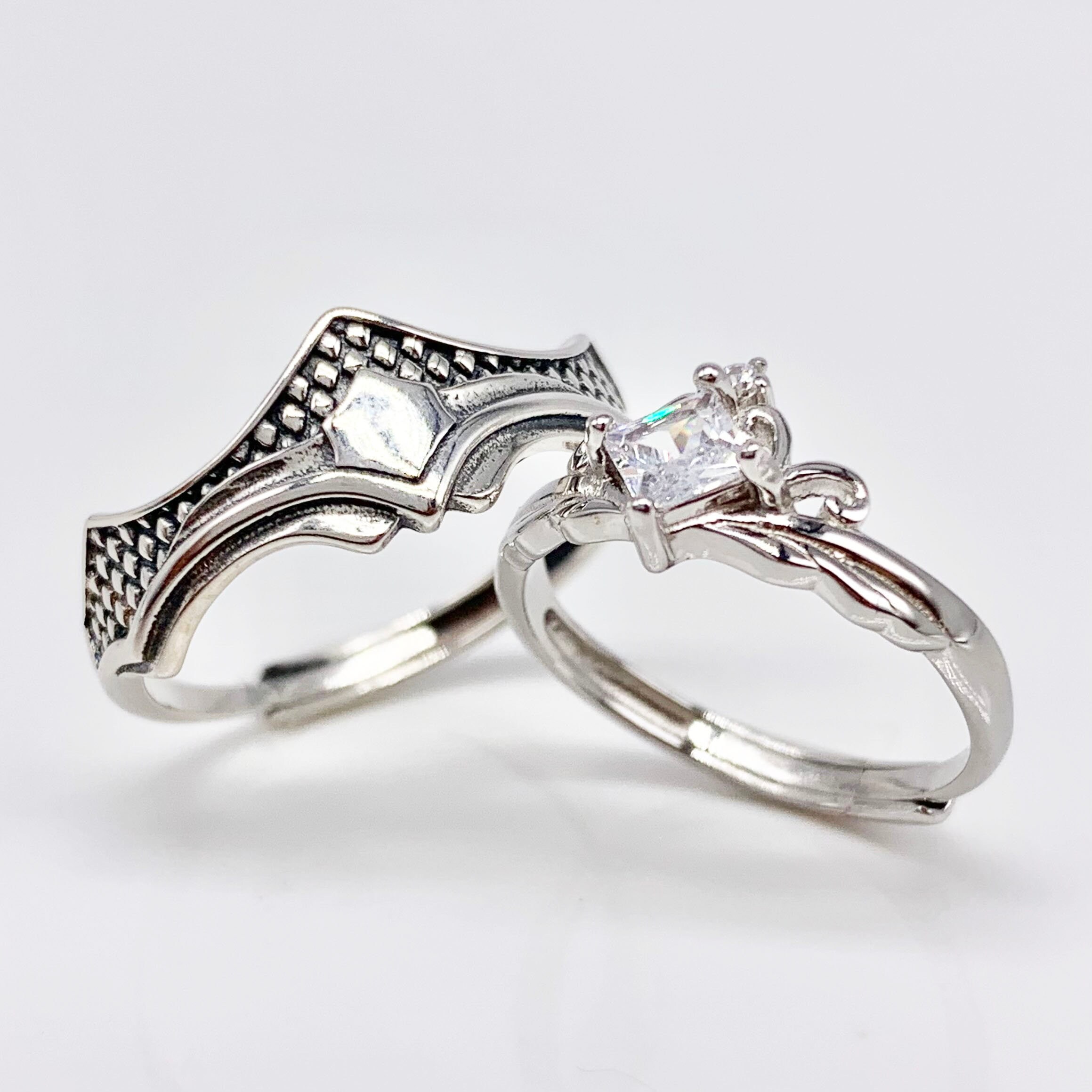 Set of 2 Adjustable couples Triangle Patterns Anniversary Rings, Real Silver S925 