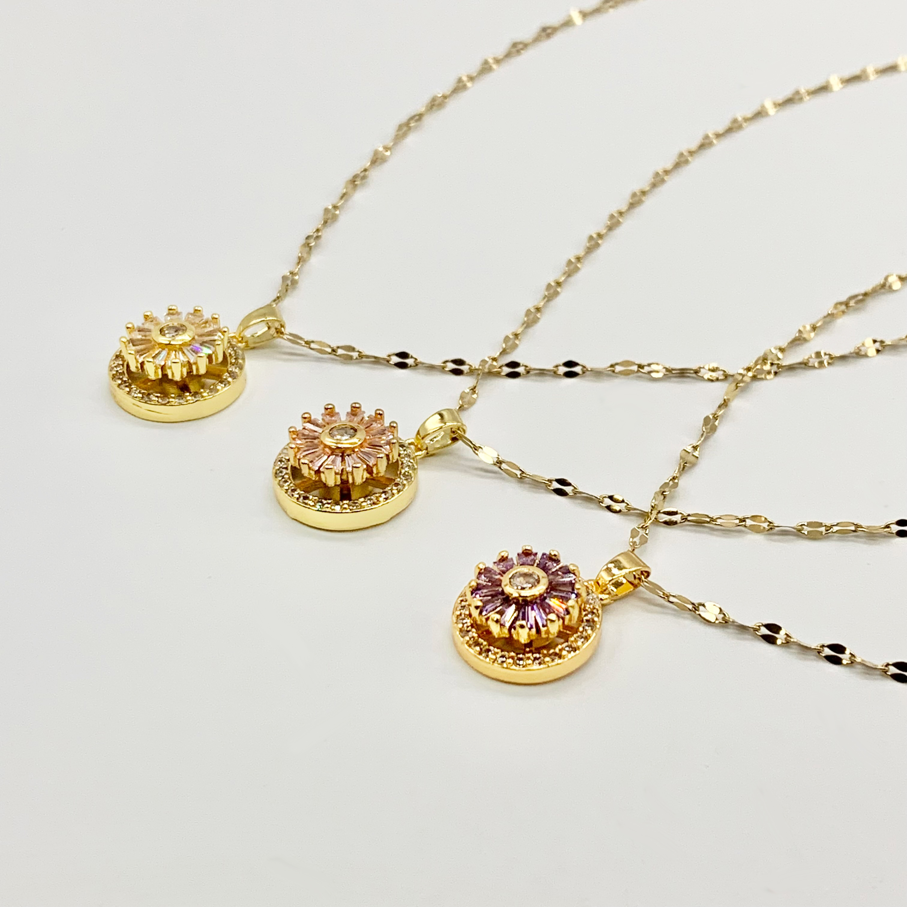 Flower Clear/Pink/Purple Crystal Spinner Fidget Necklace