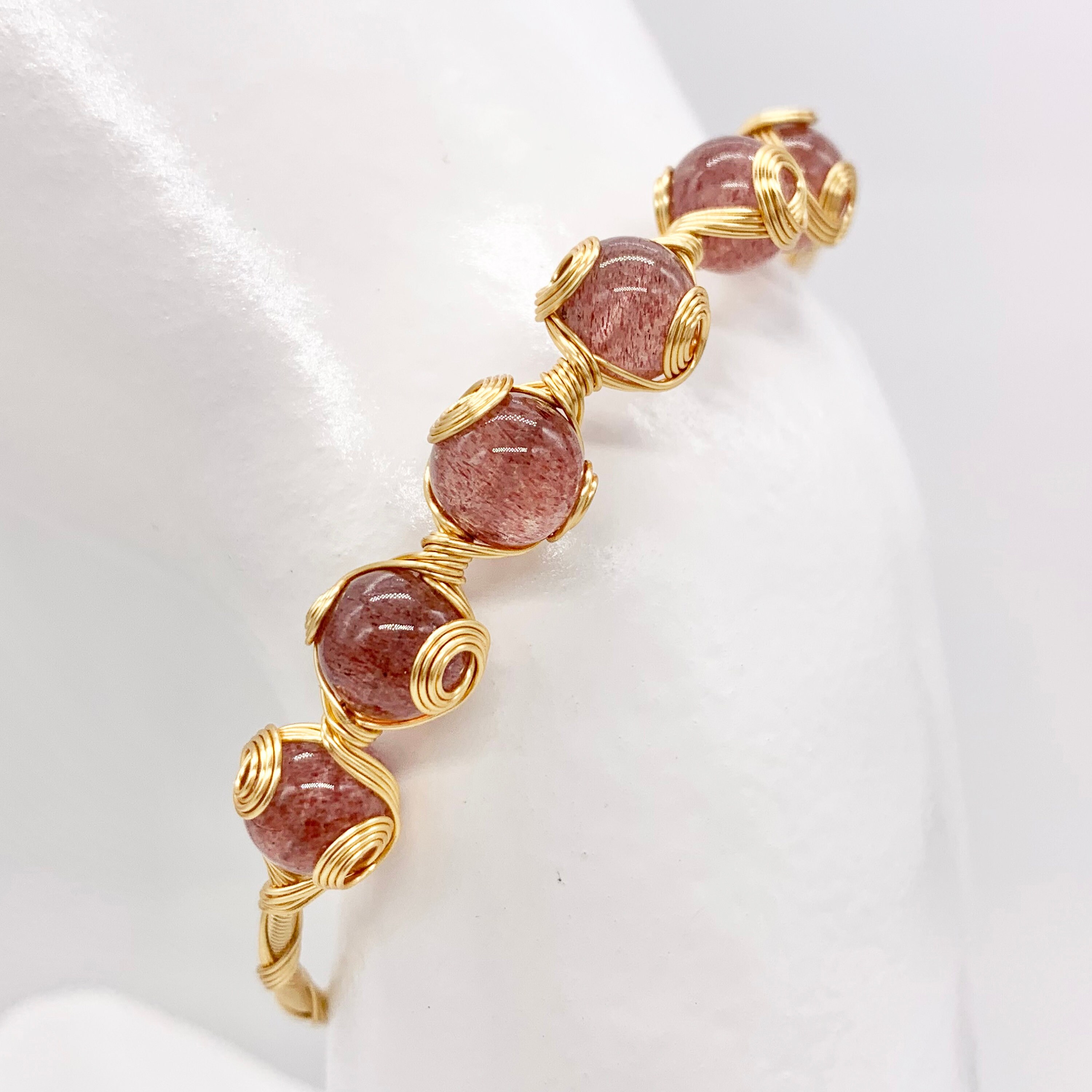 pink pearl, strawberry quartz, agate, and onyx Handmade Gemstone Adjustable copper bracelet plated with 14k gold