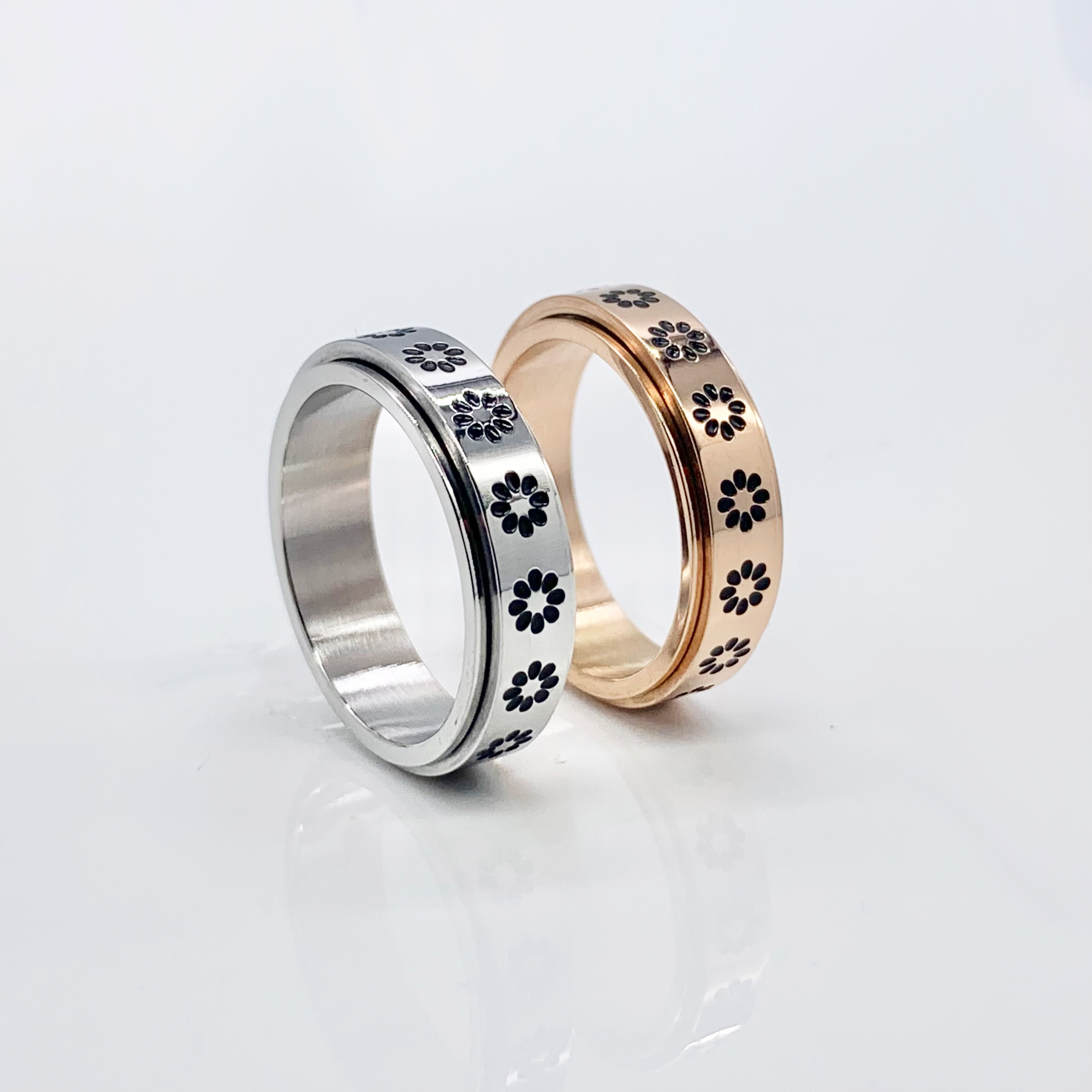 Flower Stainless Steel Spinner Rose Gold/Silver Fidget Ring 