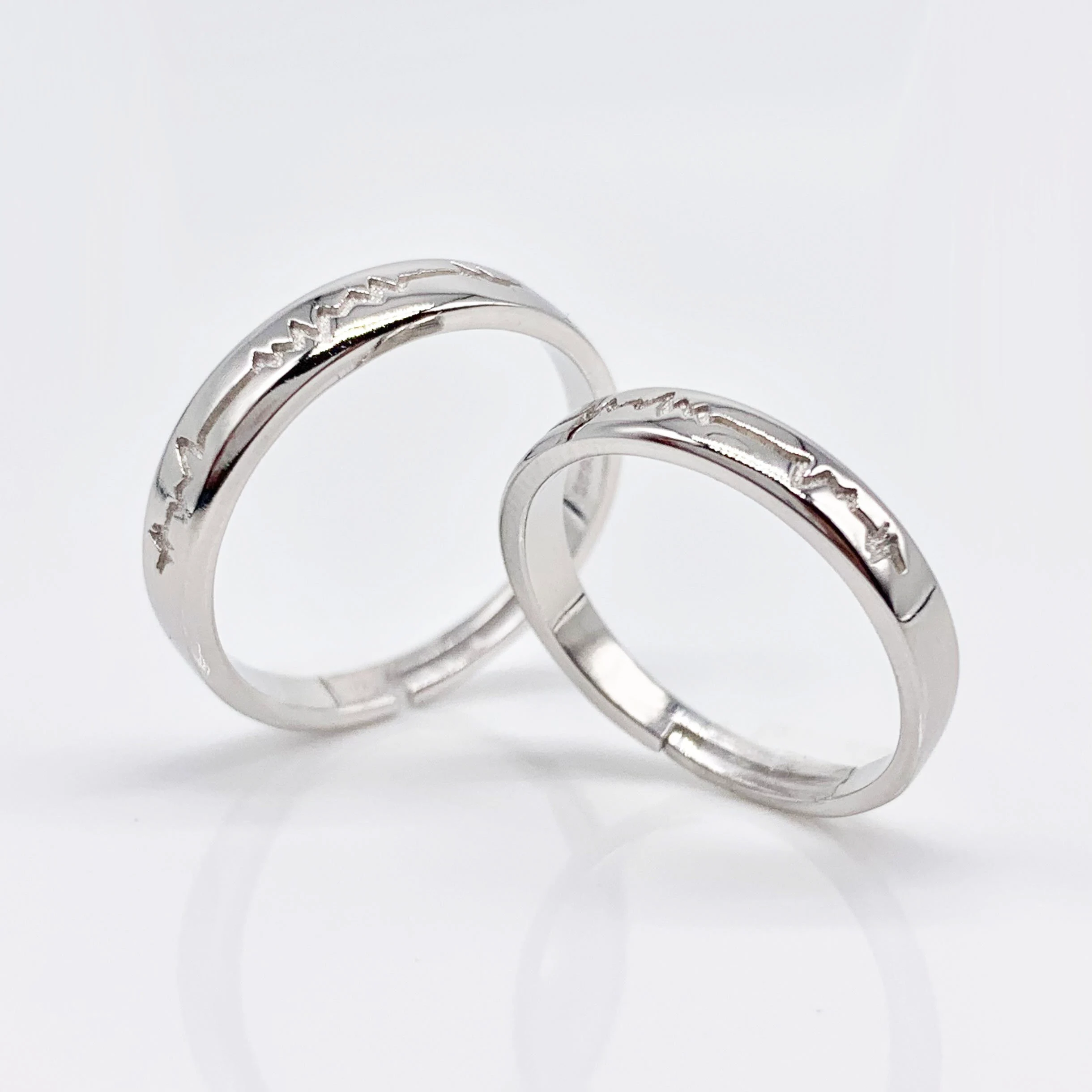 Heartbeat Adjustable Set of 2 Couple Rings-Premium Real Silver S925
