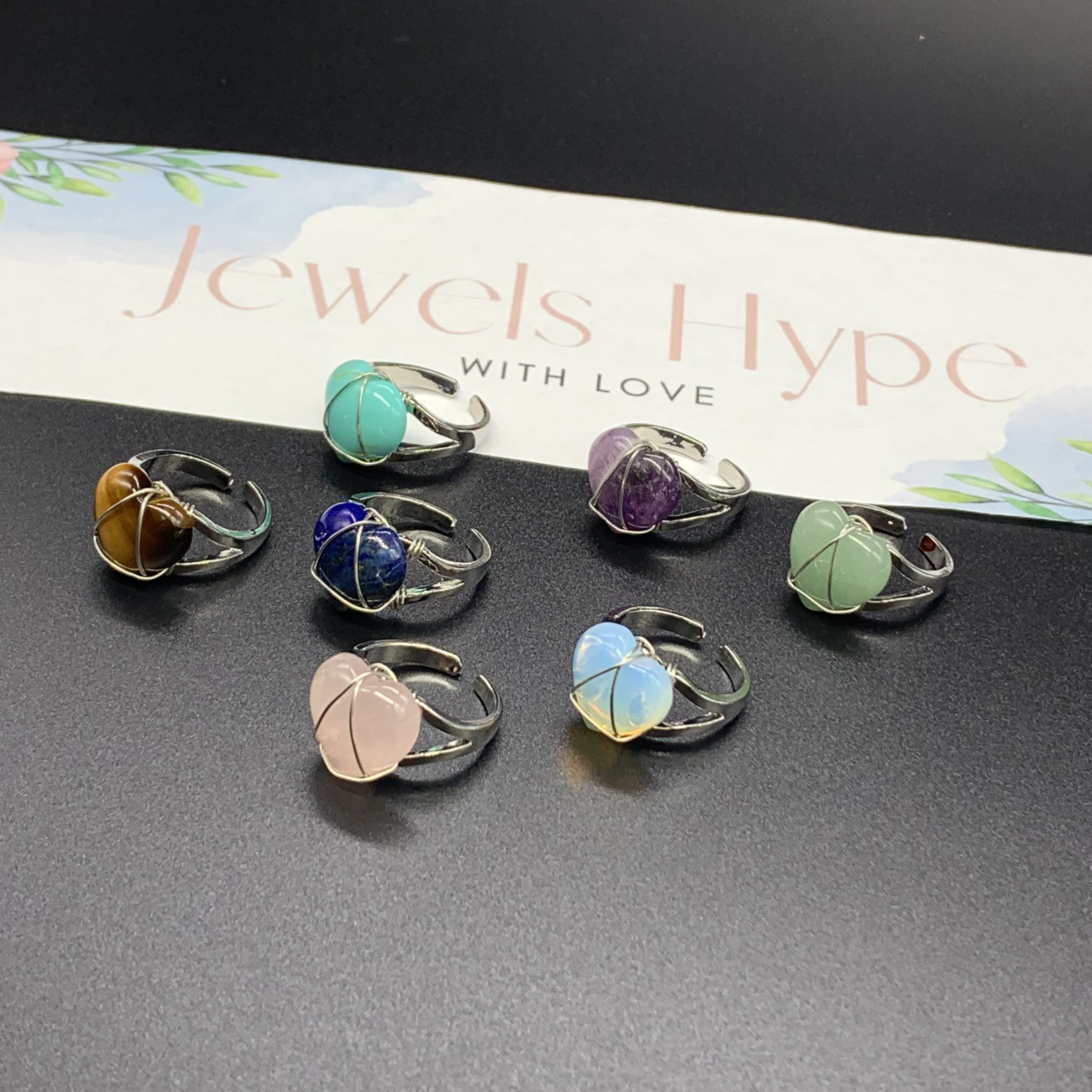 Natural Heart-Shaped Adjustable Crystal Gemstone Rings
