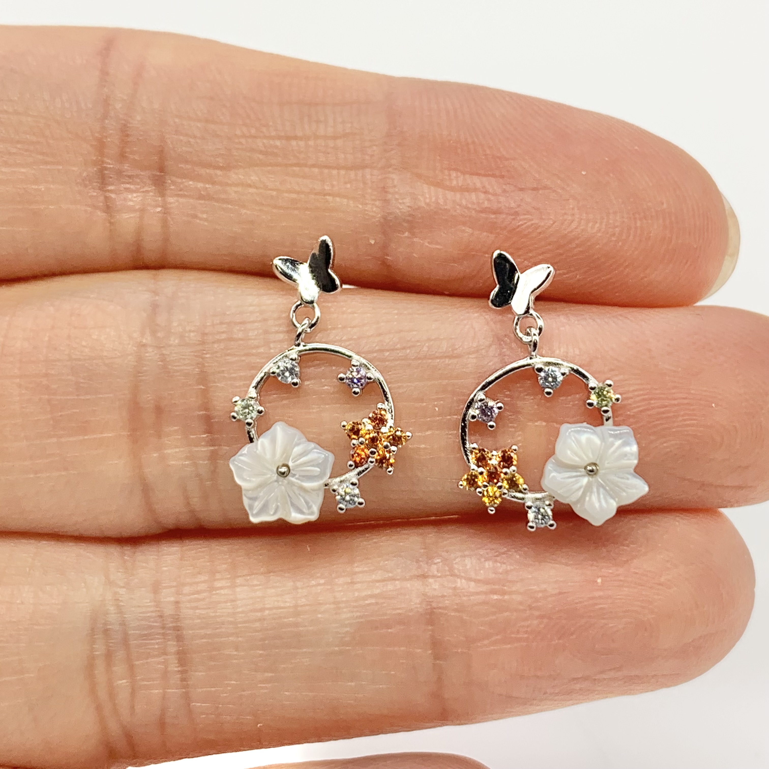 Flowers and Butterfly Design Earrings—Premium Real S925 Silver