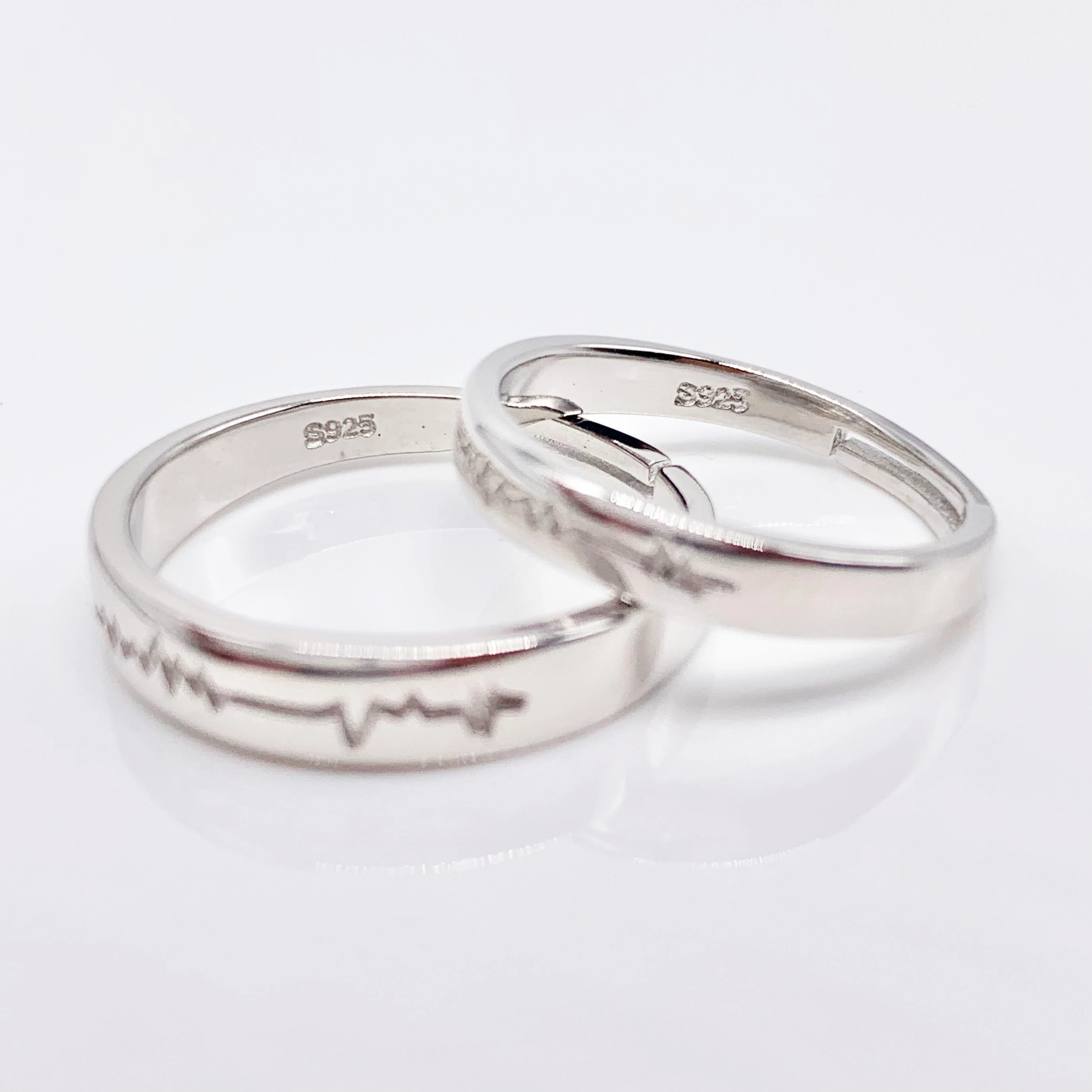 Heartbeat Adjustable Set of 2 Couple Rings-Premium Real Silver S925