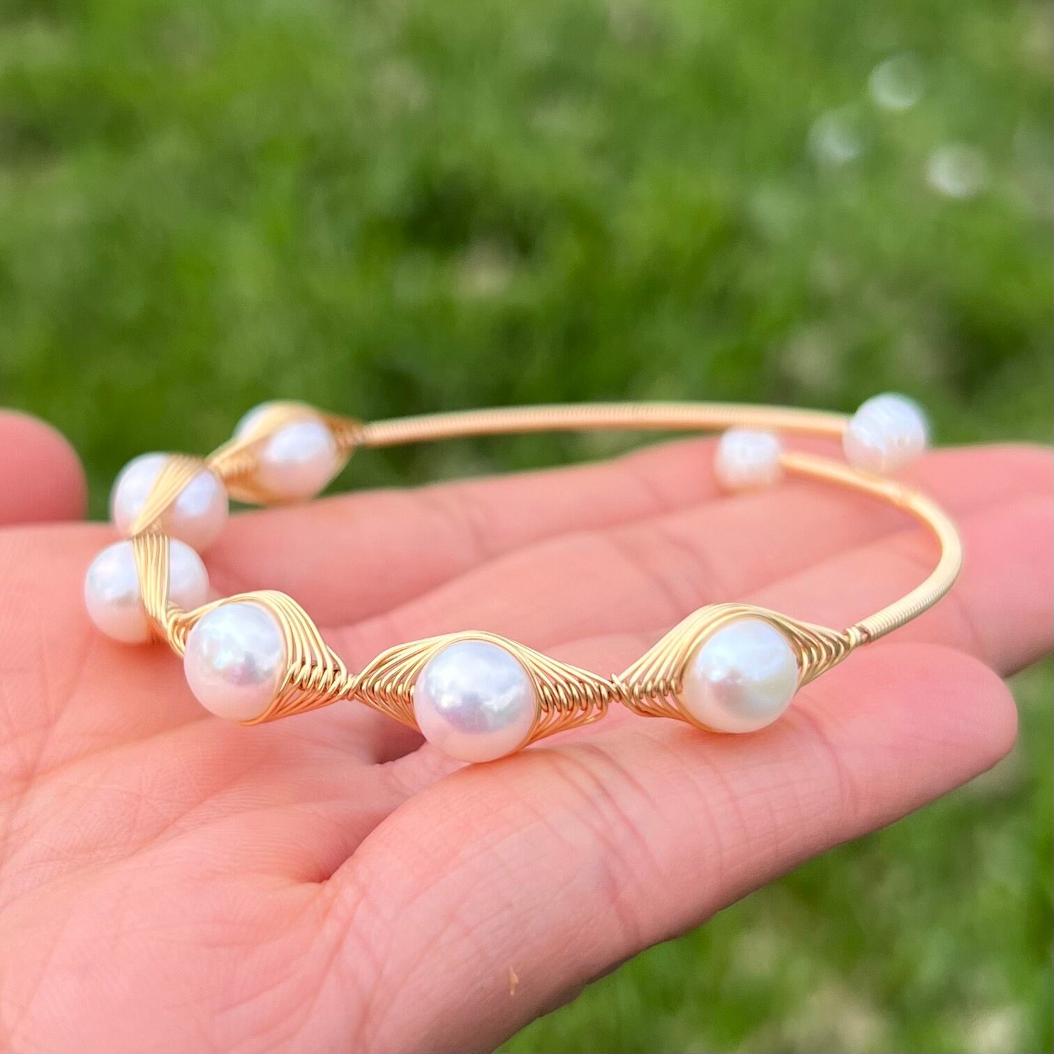 Freshwater pearls Handmade Adjustable copper bracelet plated with 14k gold