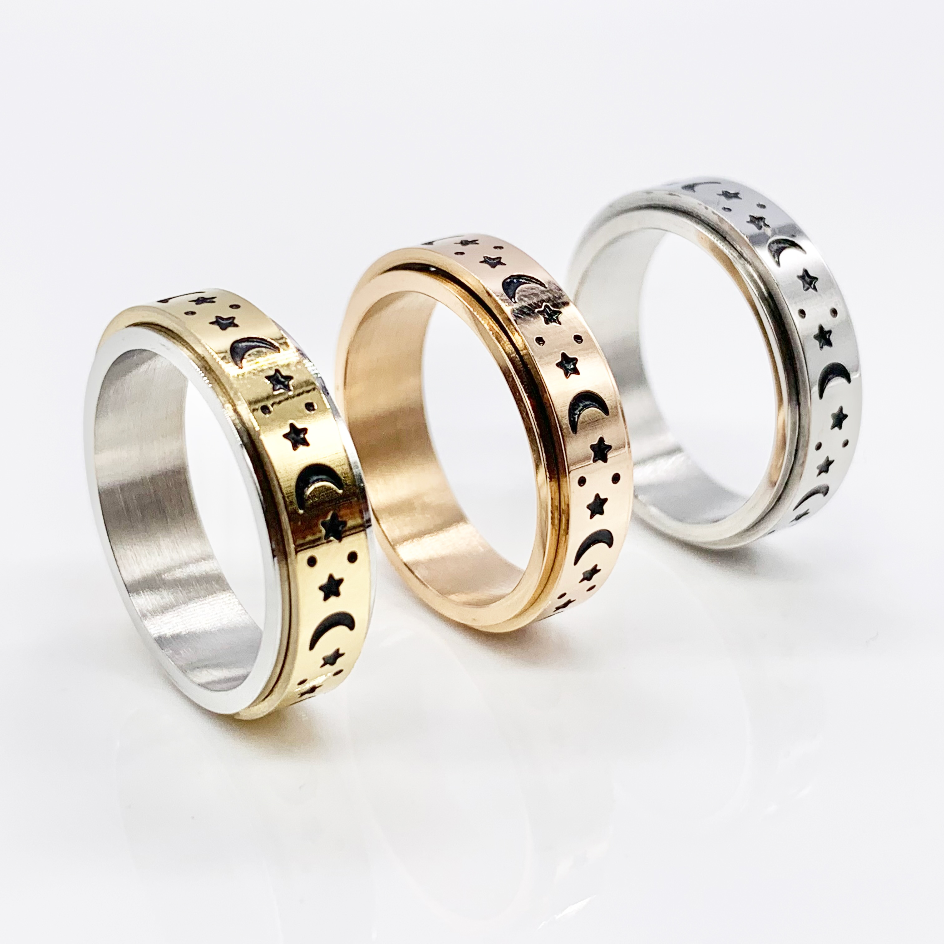 Moon and Stars Fidget Rose Gold/Silver/Gold Spinner Ring