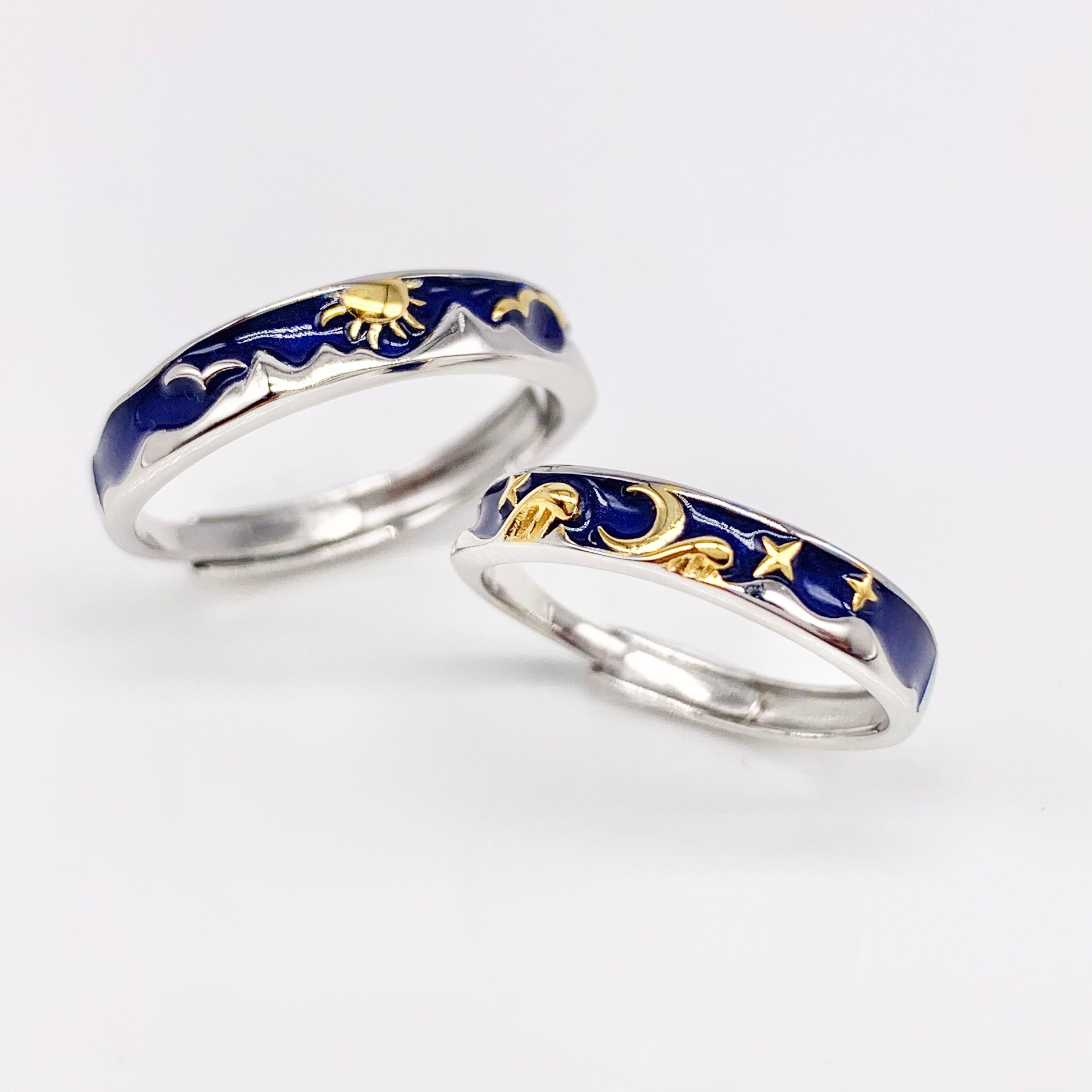 Van Gogh The Starry Night Set of 2 Adjustable Couples Rings-Premium Real Silver S925