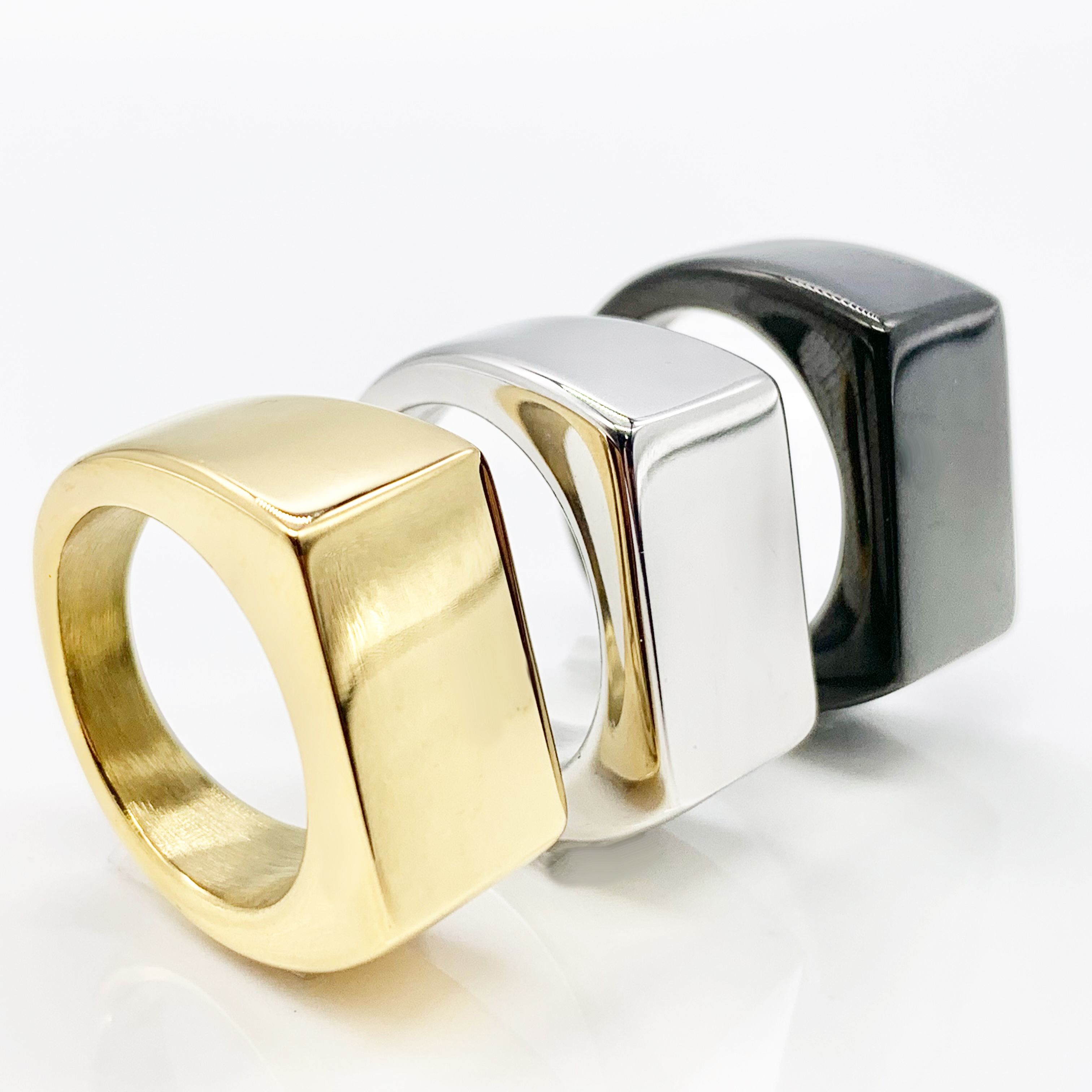 Rectangle signet Gold/Black/Silver Polished Mirror Finish Pinky Ring