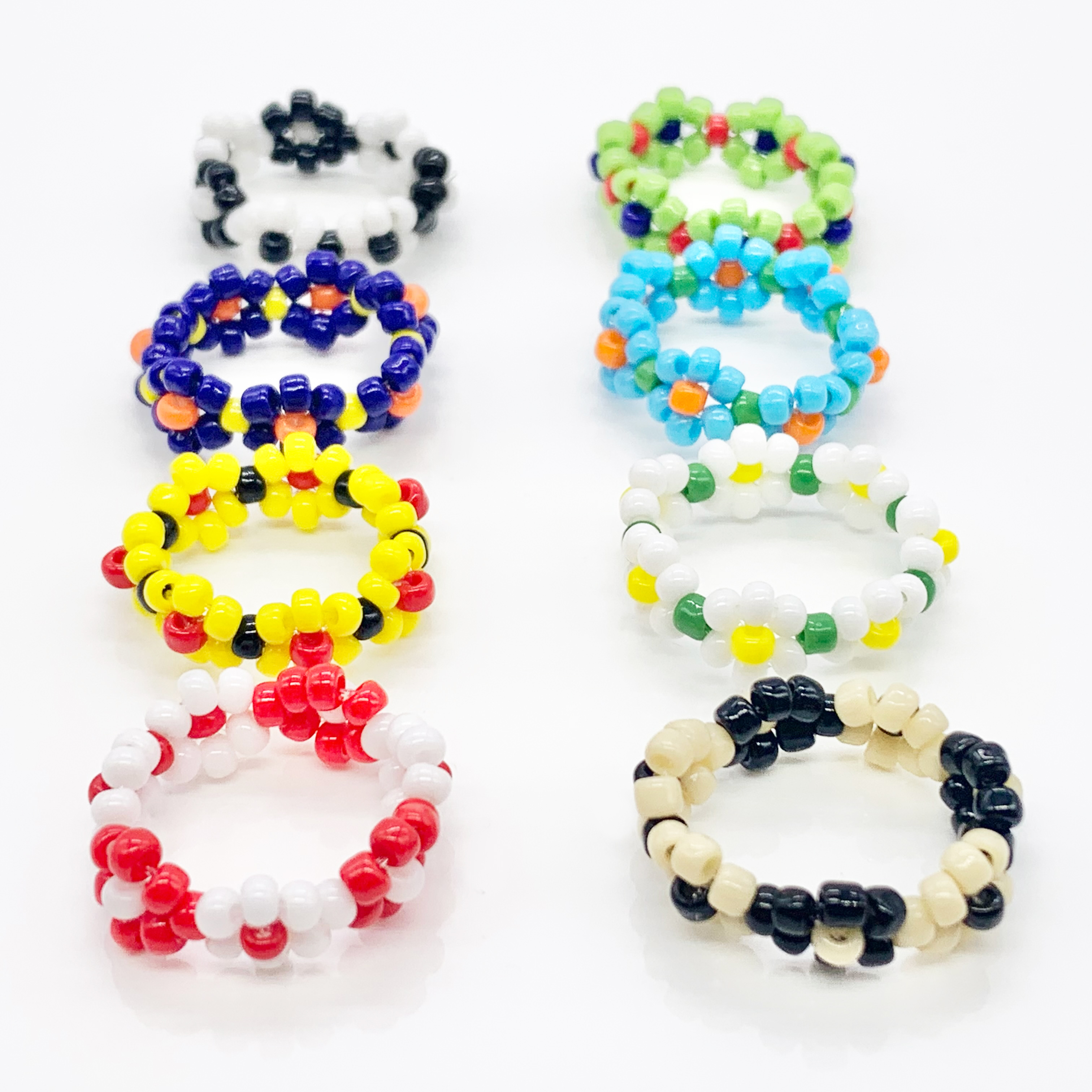  Floral Handmade Beaded Daisy Rings, Seed Beads Flower Rings