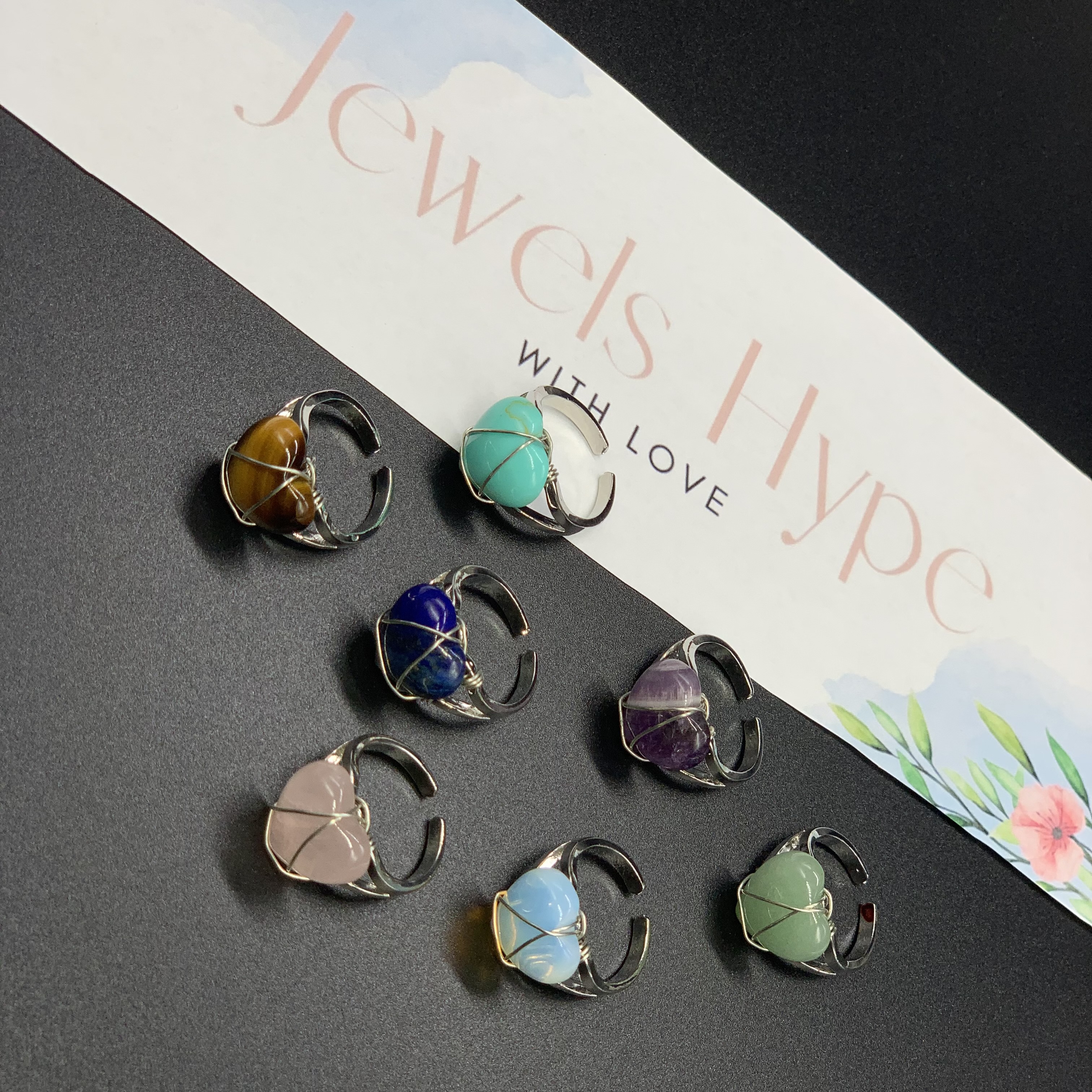 Natural Heart-Shaped Adjustable Crystal Gemstone Rings