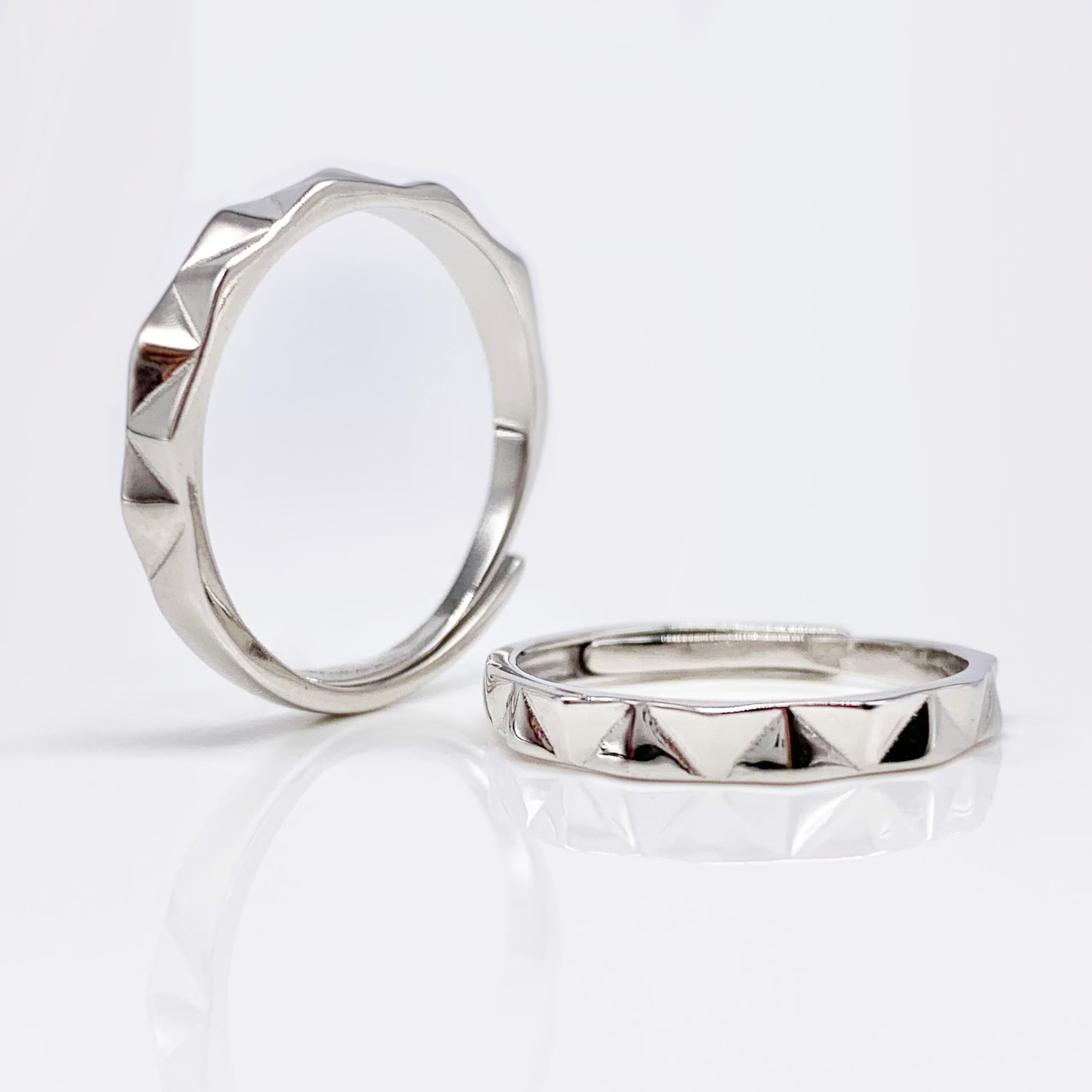 Set of 2 Adjustable couples Triangle Patterns Anniversary Rings, Real Silver S925