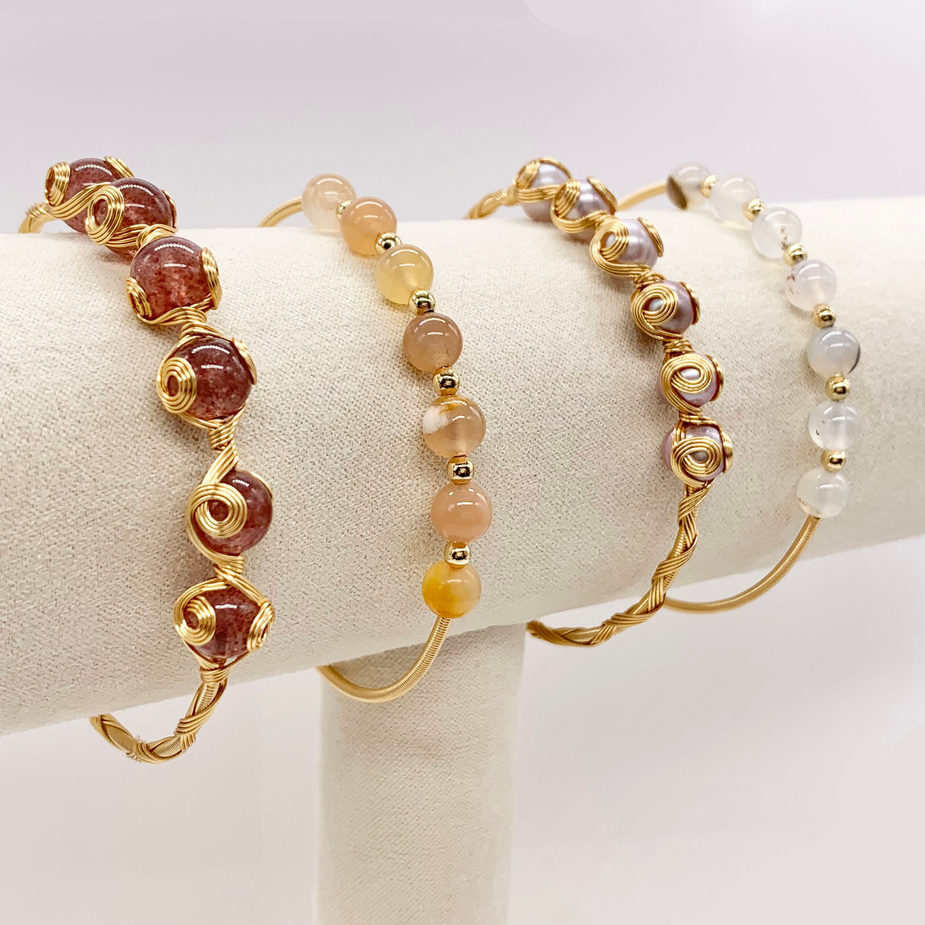 pink pearl, strawberry quartz, agate, and onyx Handmade Gemstone Adjustable copper bracelet plated with 14k gold