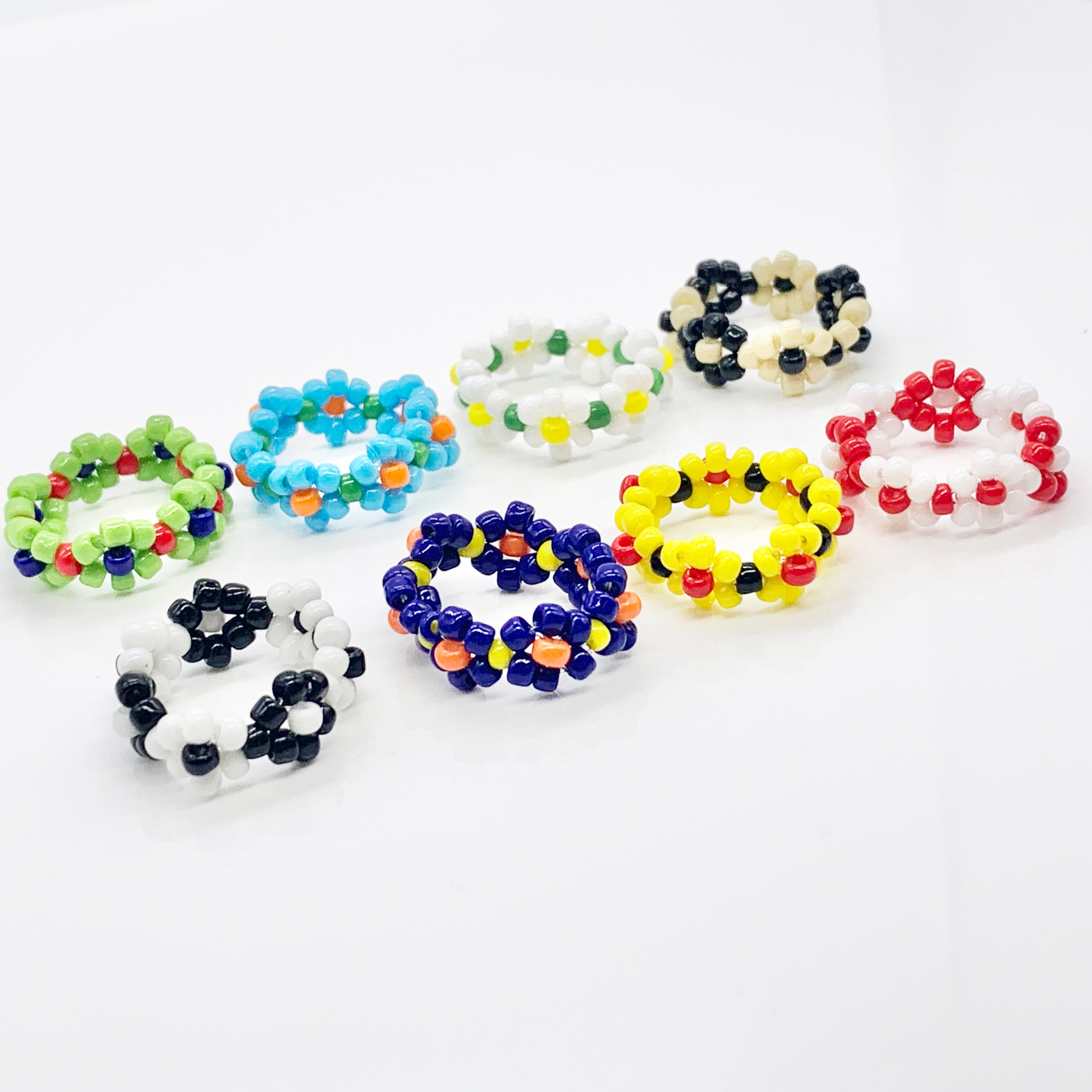  Floral Handmade Beaded Daisy Rings, Seed Beads Flower Rings