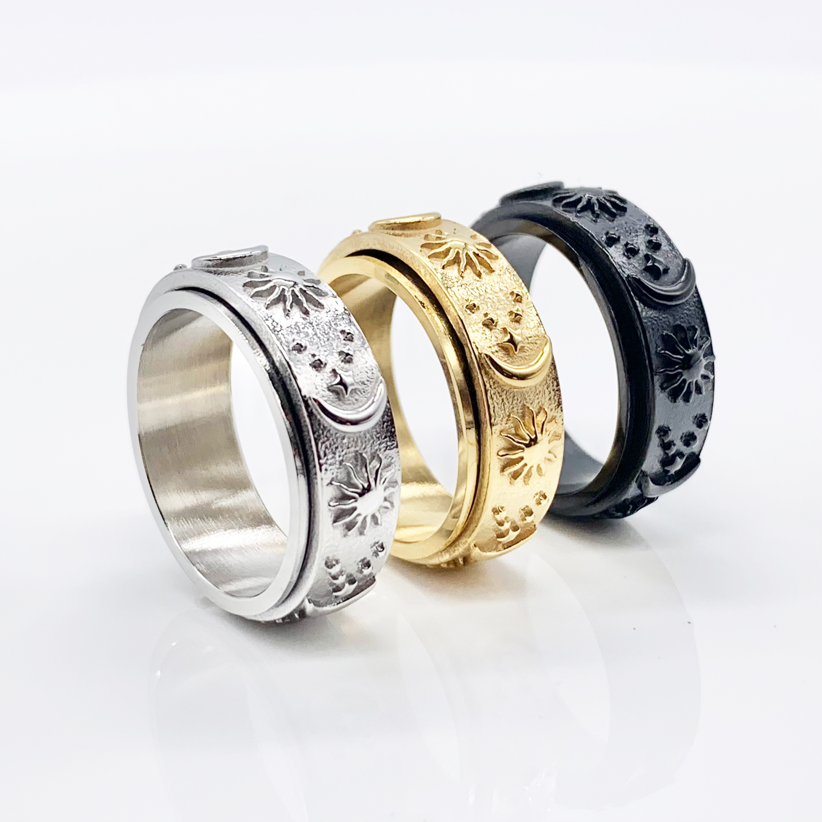 Moon /Sun/Stars 3D Sky, Fidget Couple Spinner Black/Gold/Silver Ring