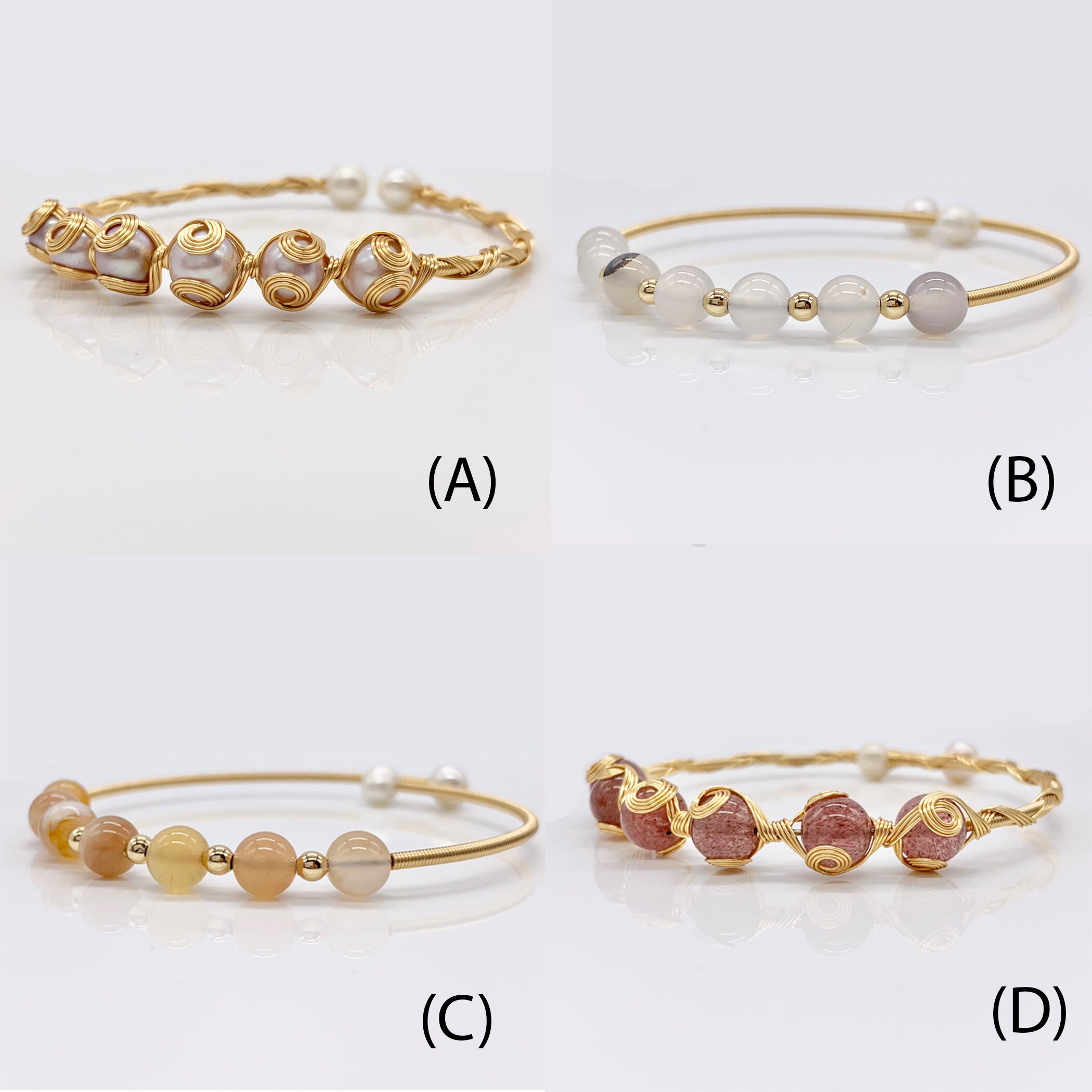 pink pearl, strawberry quartz, agate, and onyx Handmade Gemstone Adjustable copper bracelet plated with 14k gold