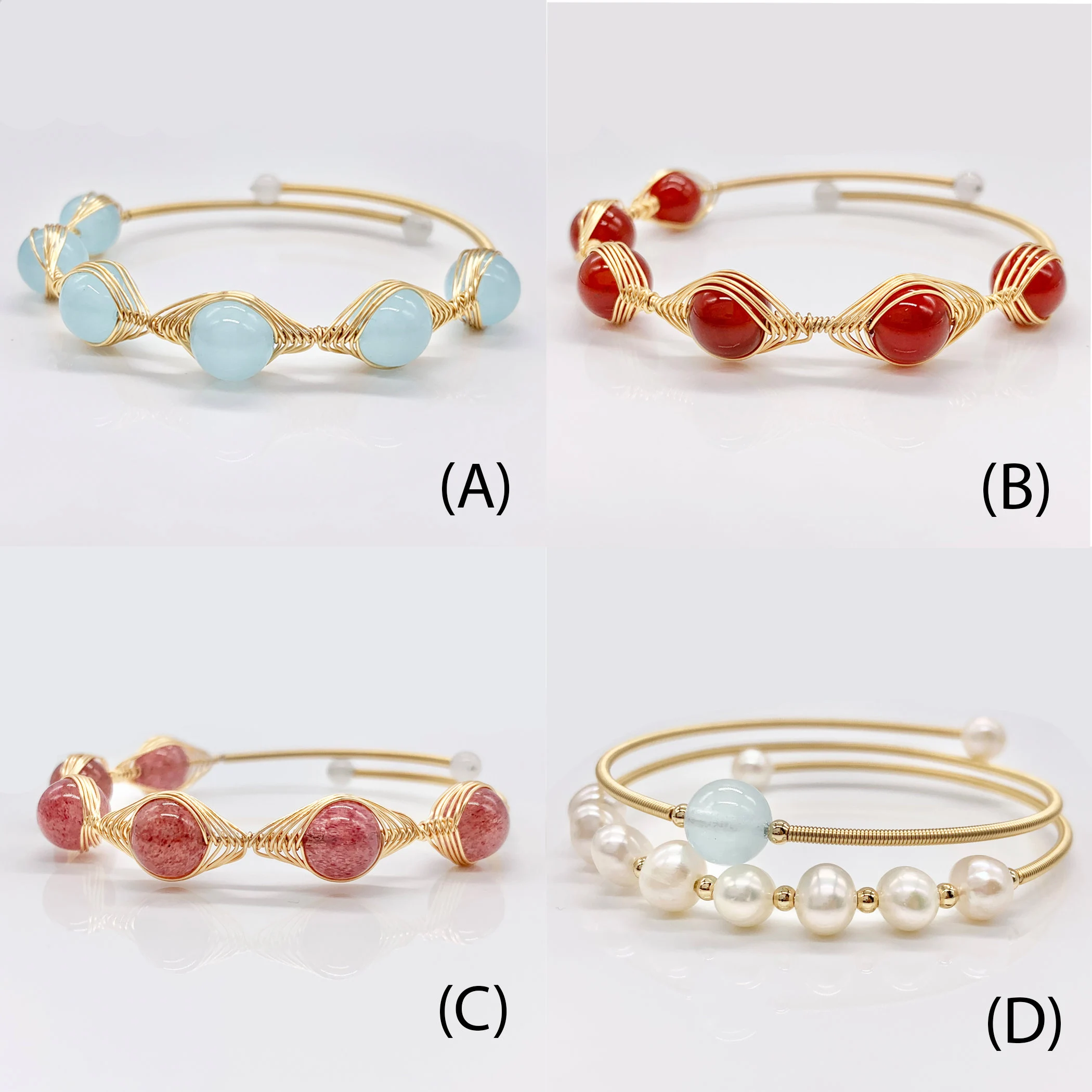 red onyx, strawberry crystal, aquamarine, and Freshwater Handmade Gemstone Adjustable copper bracelet plated with 14k gold