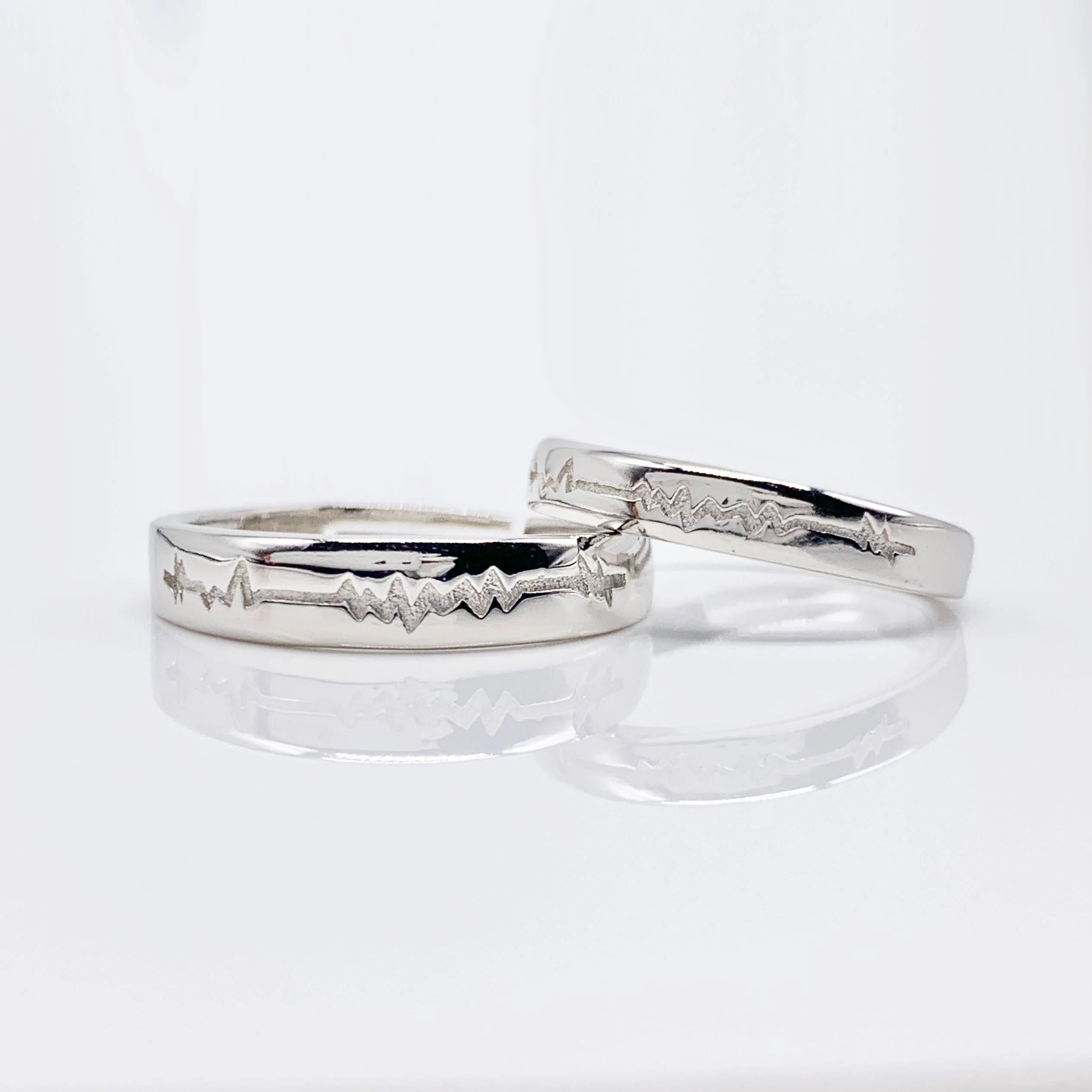 Heartbeat Adjustable Set of 2 Couple Rings-Premium Real Silver S925