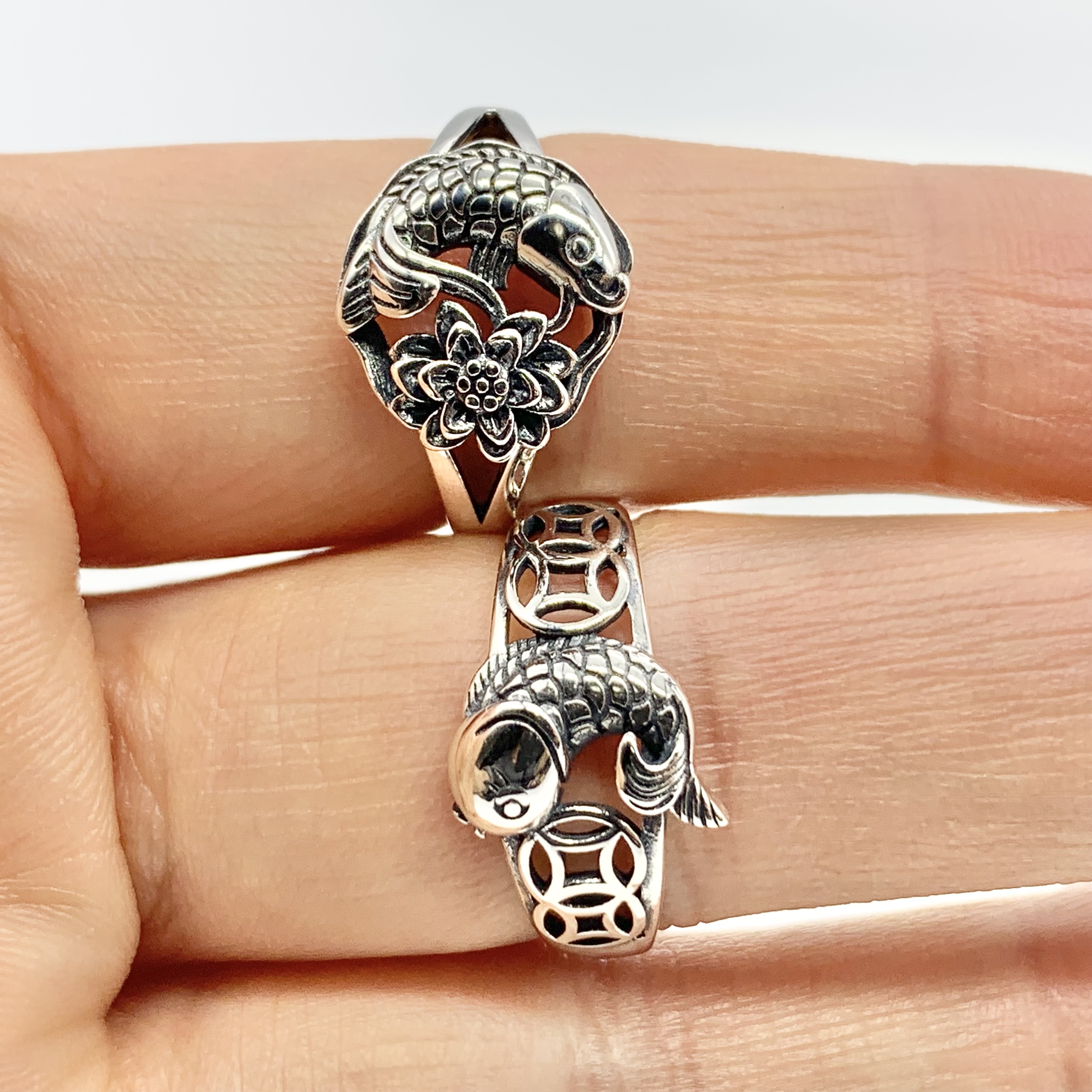 Vintage Japanese Carp Koi Fish adjustable Ring- Premium Real Sterling Silver S925,For Fish Lovers