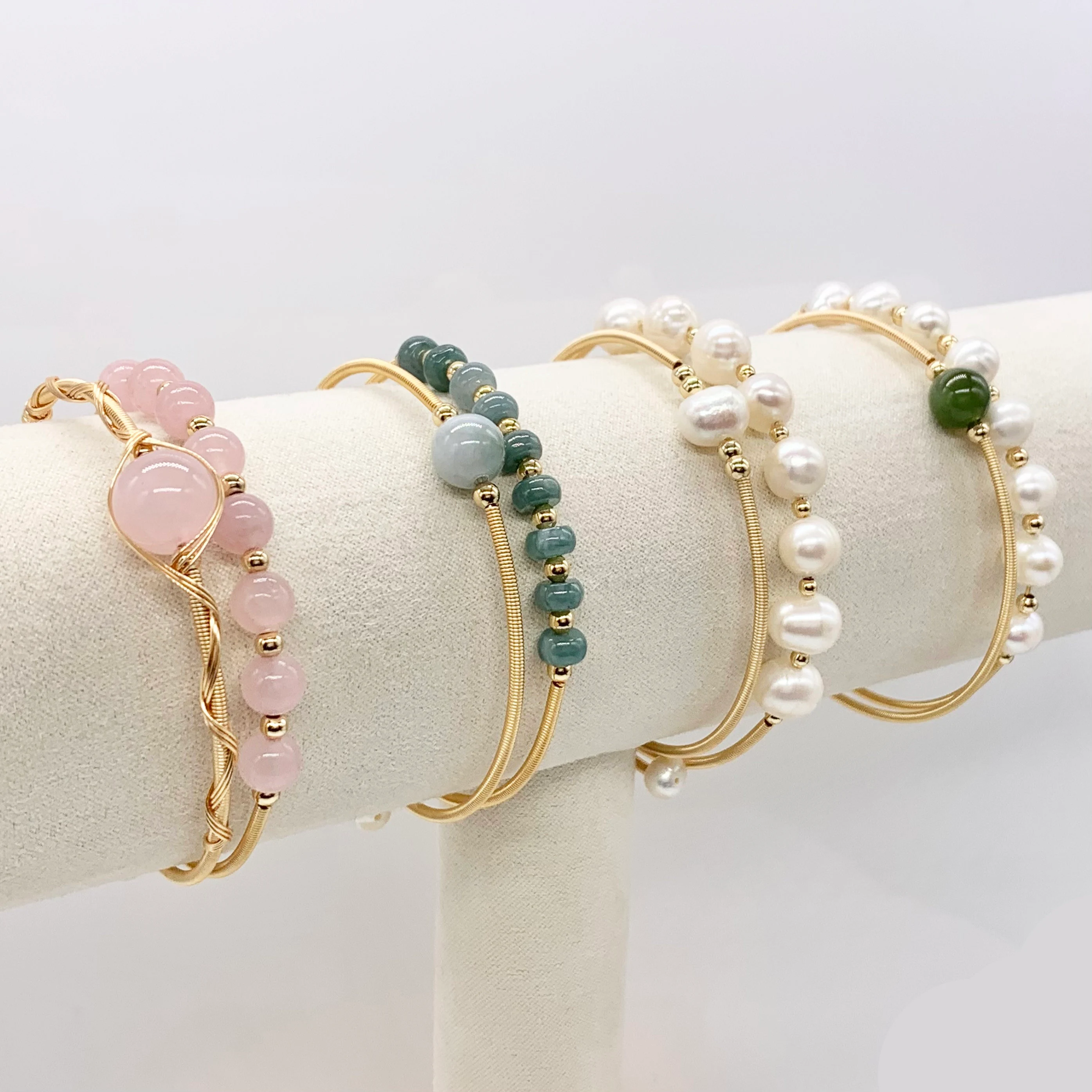 Emerald | Pink Crystal | Freshwater Pearl Adjustable copper bracelet plated with 14k gold