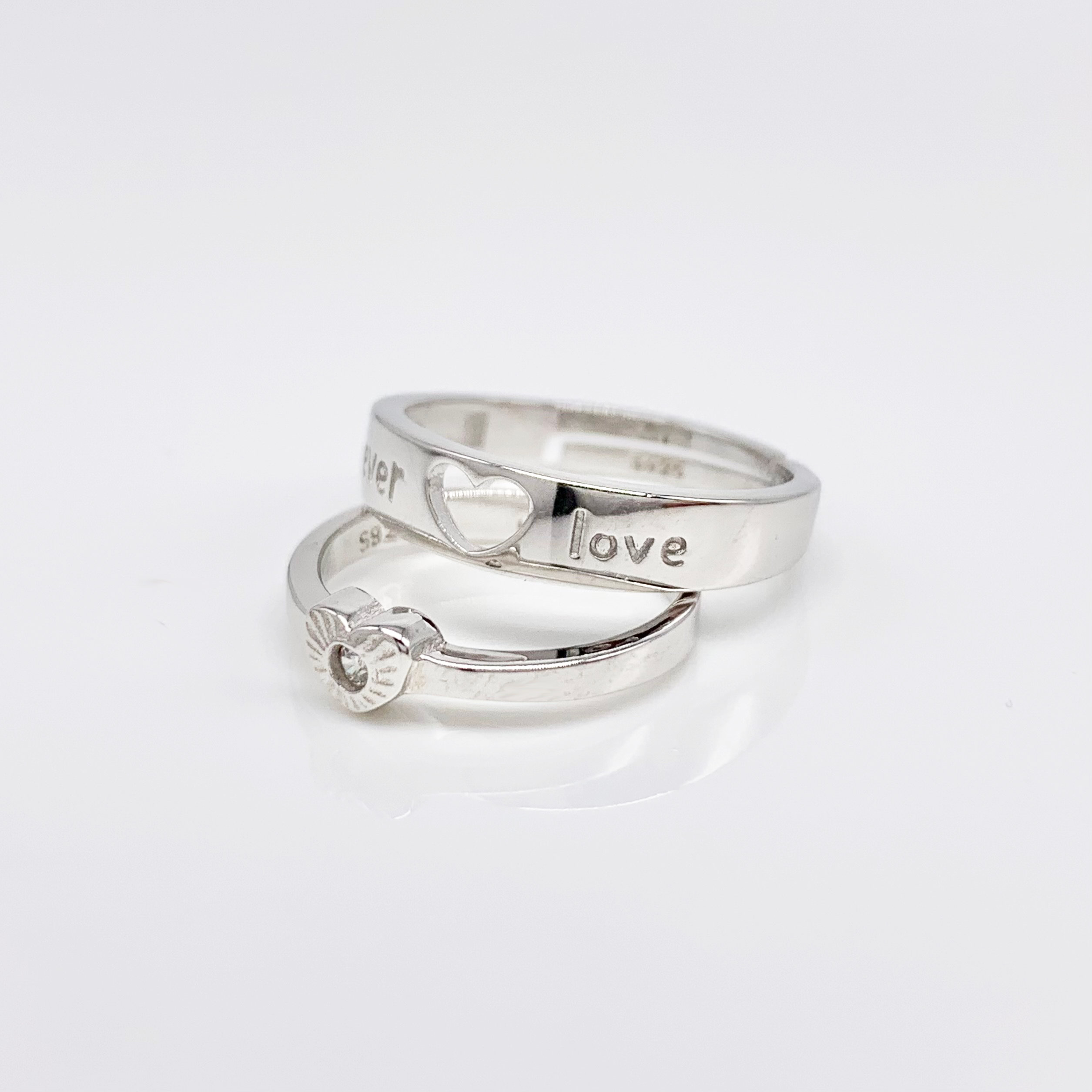Heart to heart Adjustable Set of 2 Couple Rings - Real S925 Silver