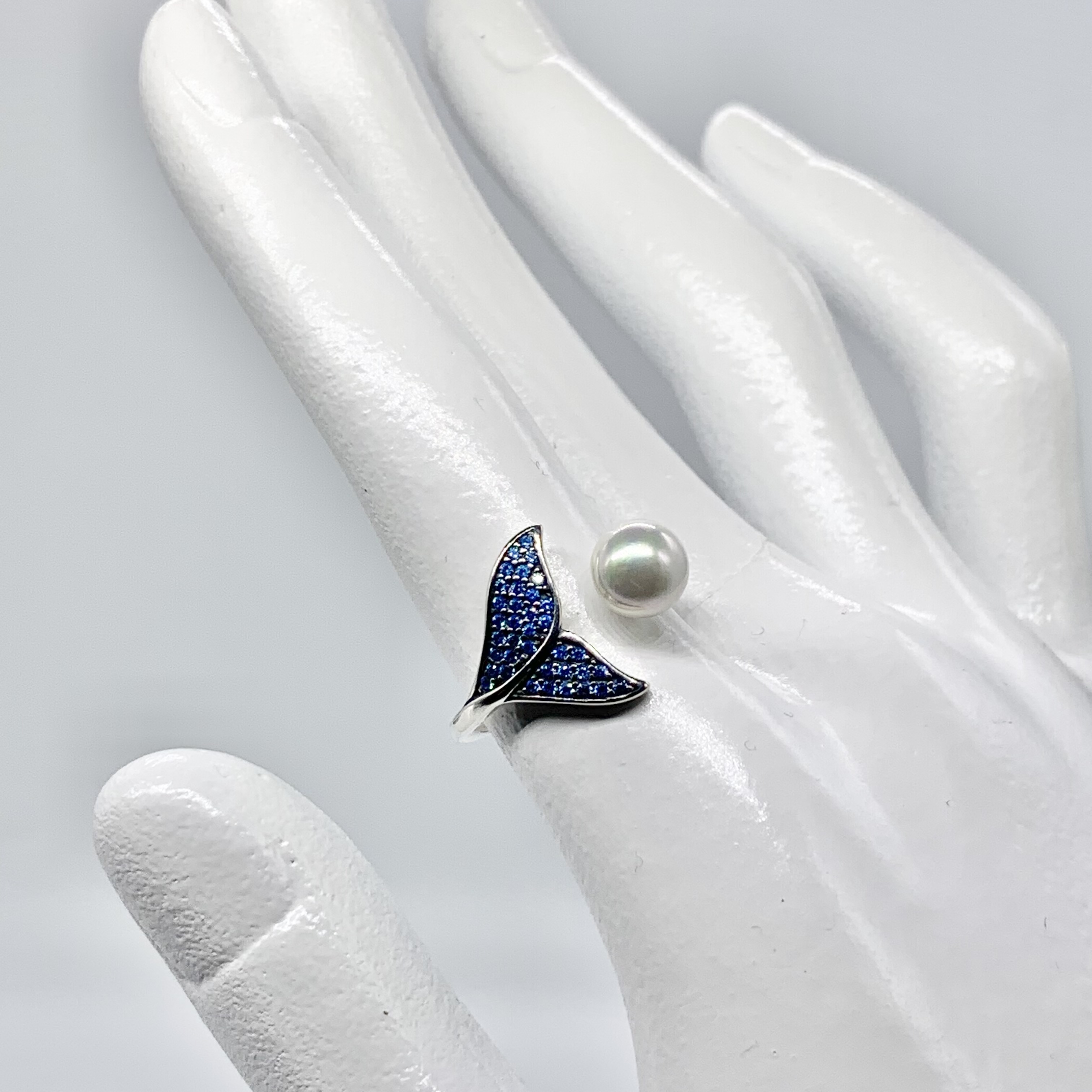 Whale Ocean Adjustable Ring with a Pearl-Premium Real S925 Sterling 