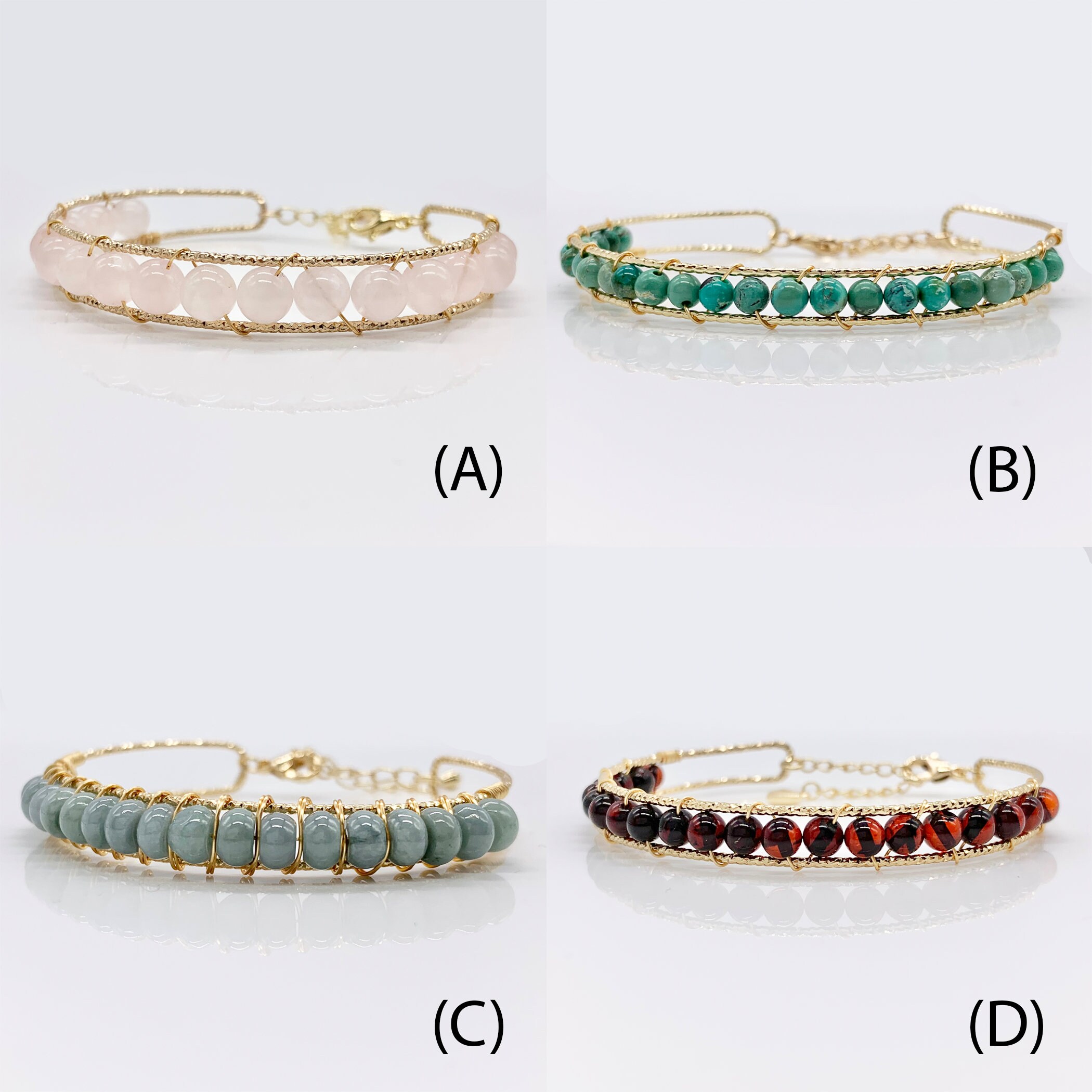 Rose Quartz | Pine Stone | Jadeite | Garnet Handmade Gemstone Adjustable copper bracelet plated with 14k gold