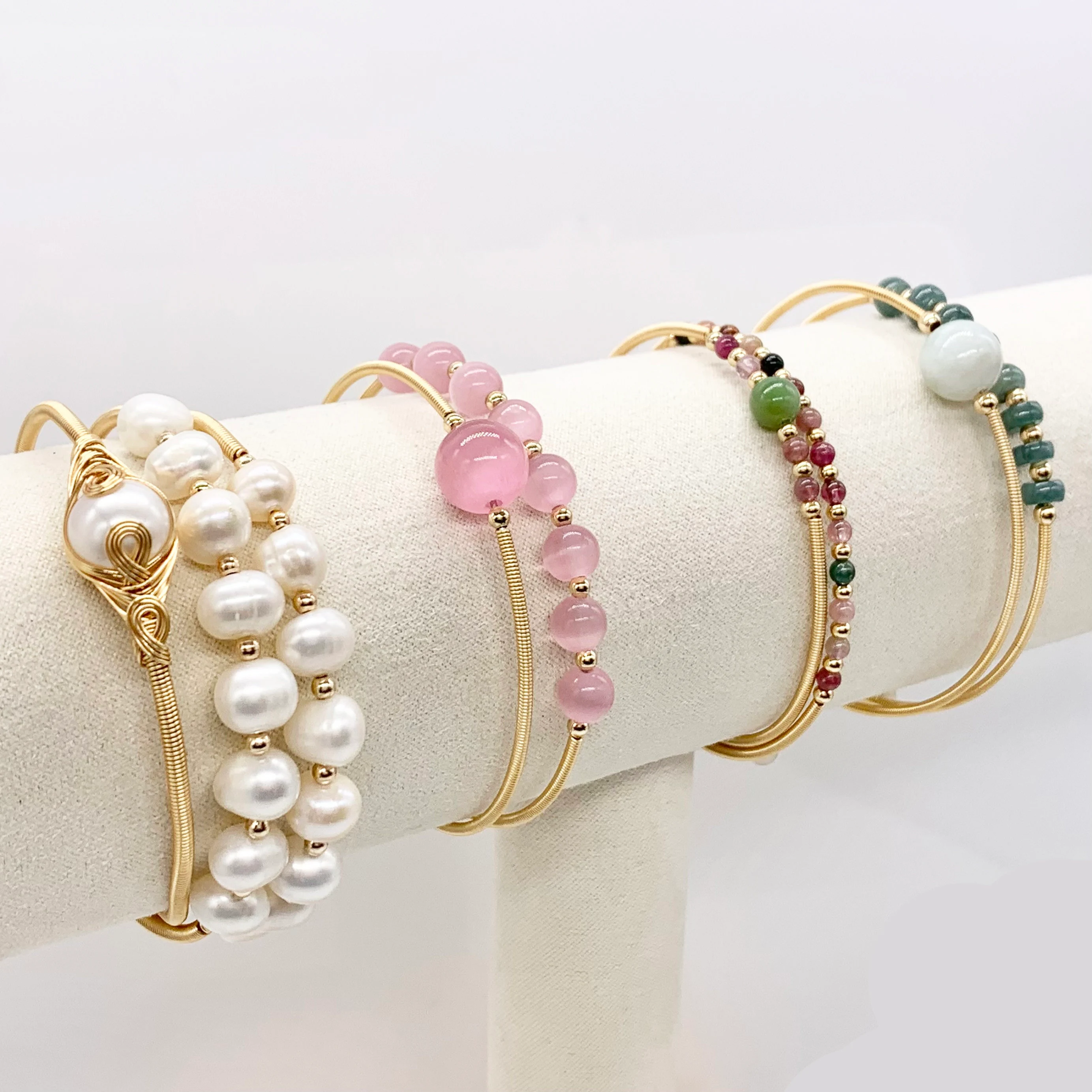 Freshwater pearl | Rose Quartz | Tourmaline | Emerald Handmade Gemstone Adjustable copper bracelet plated with 14k gold