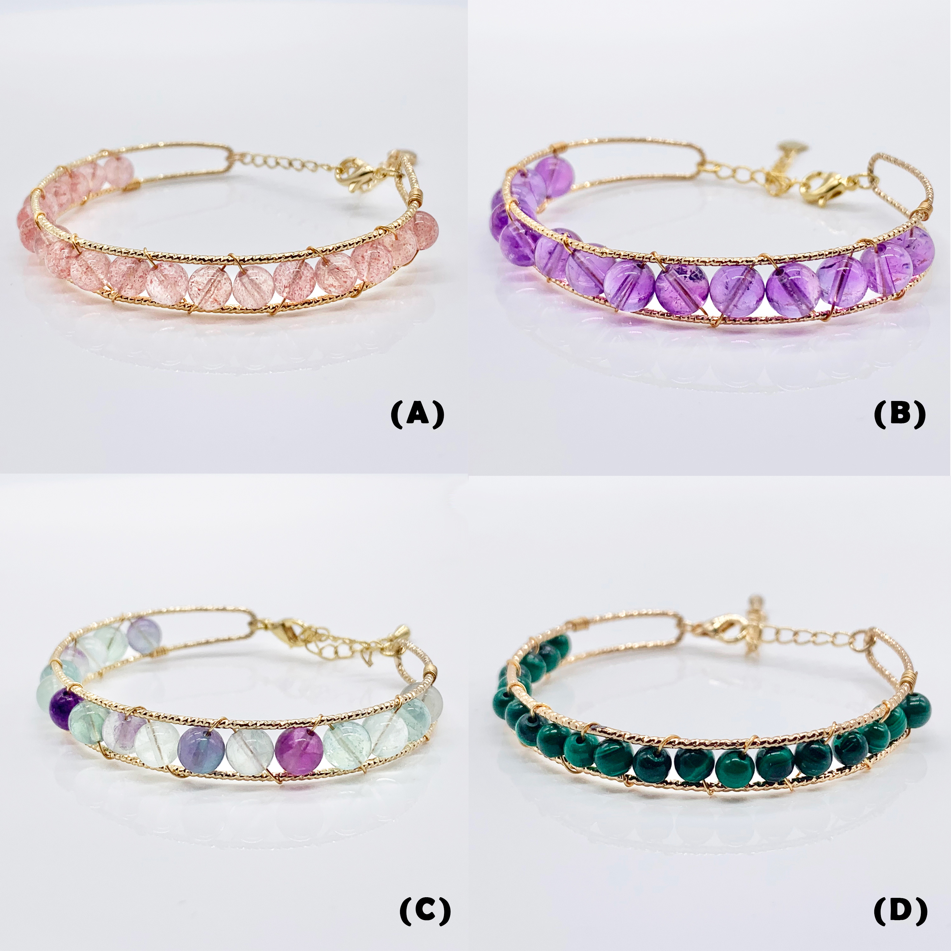 Amethyst | Jadeite | Fluorite | Strawberry Crystal Handmade Gemstone Adjustable copper and 14k Gold-plated bracelet
