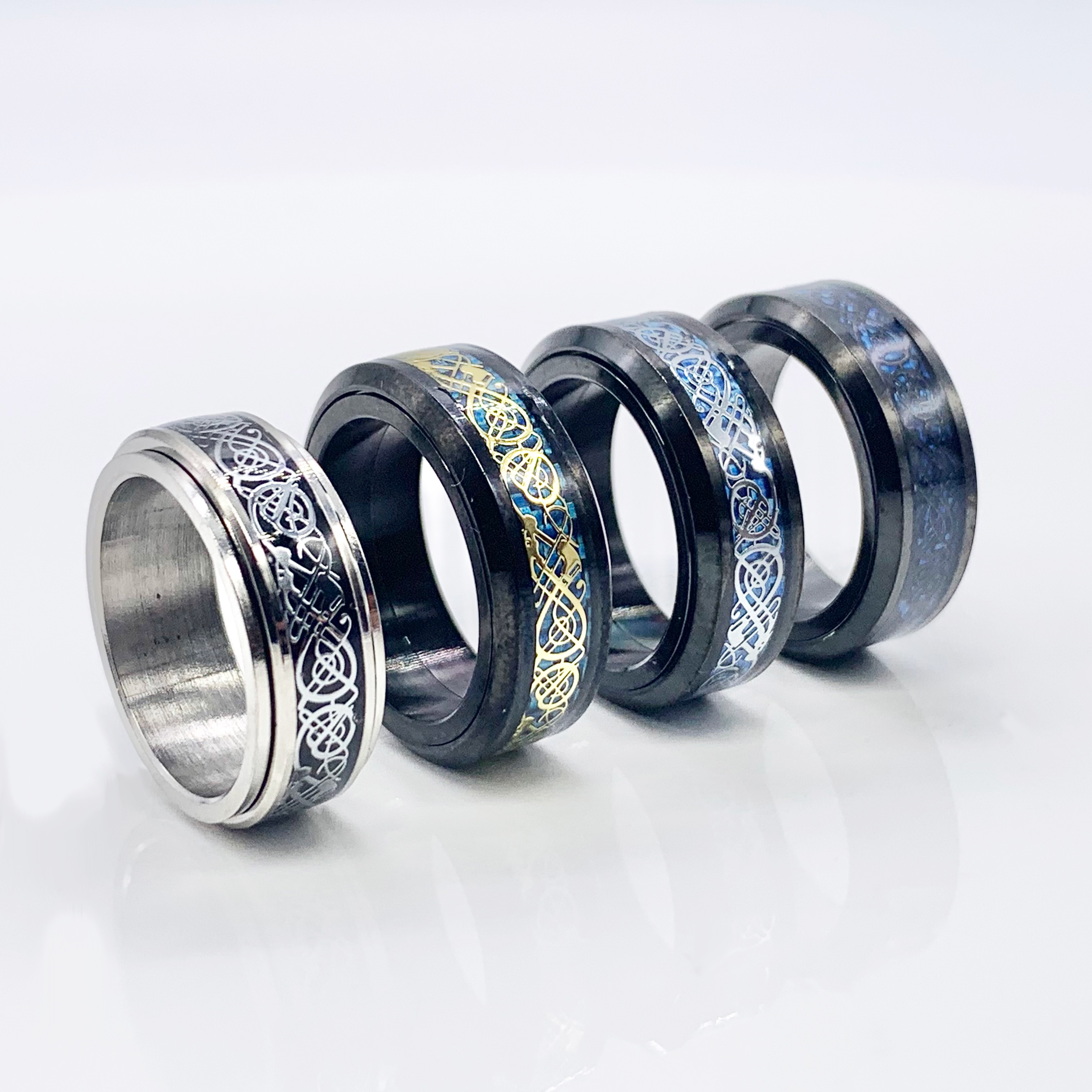 Dragon Art Stainless Steel Spinner Silver/black/Blue/Gold Fidget Ring