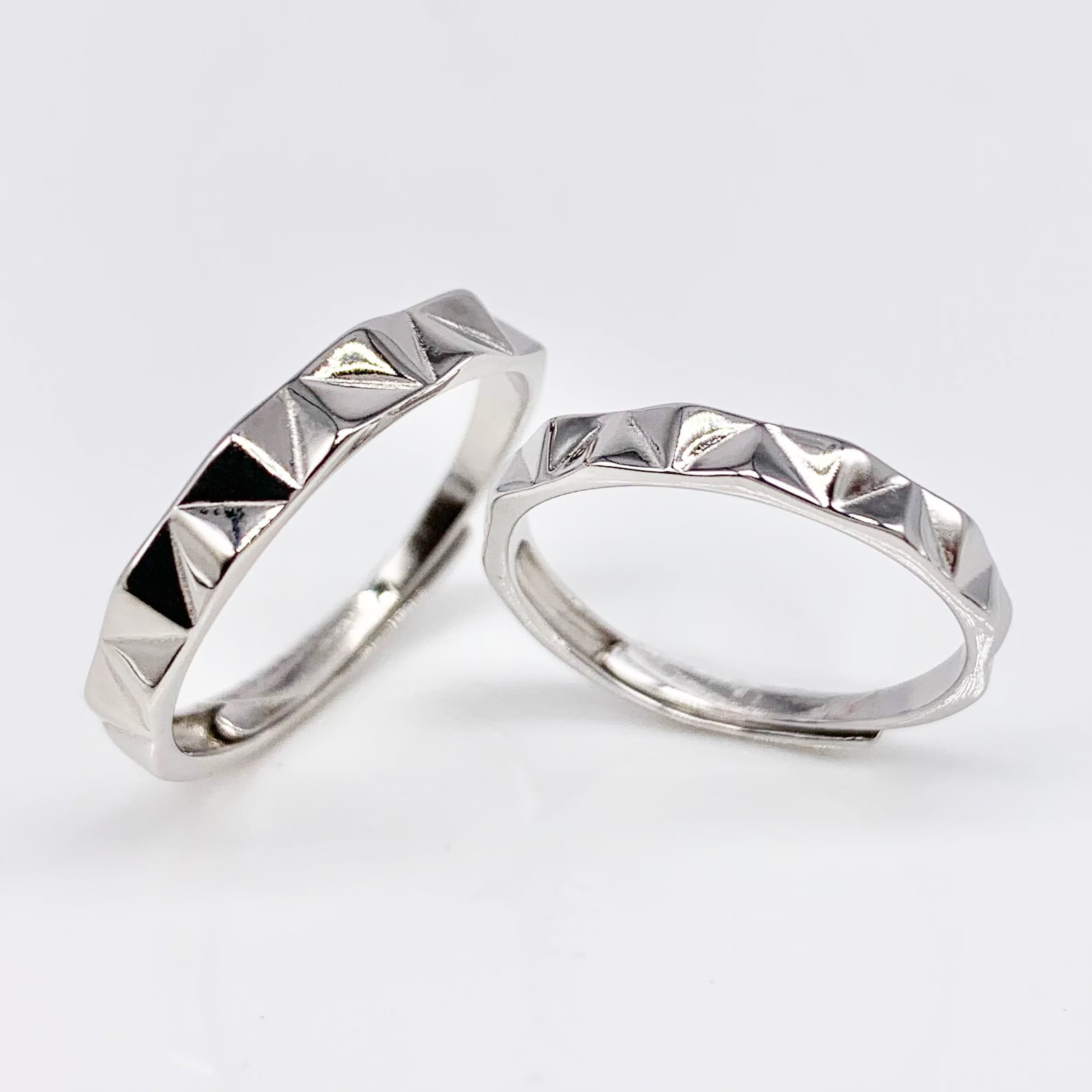 Set of 2 Adjustable couples Triangle Patterns Anniversary Rings, Real Silver S925
