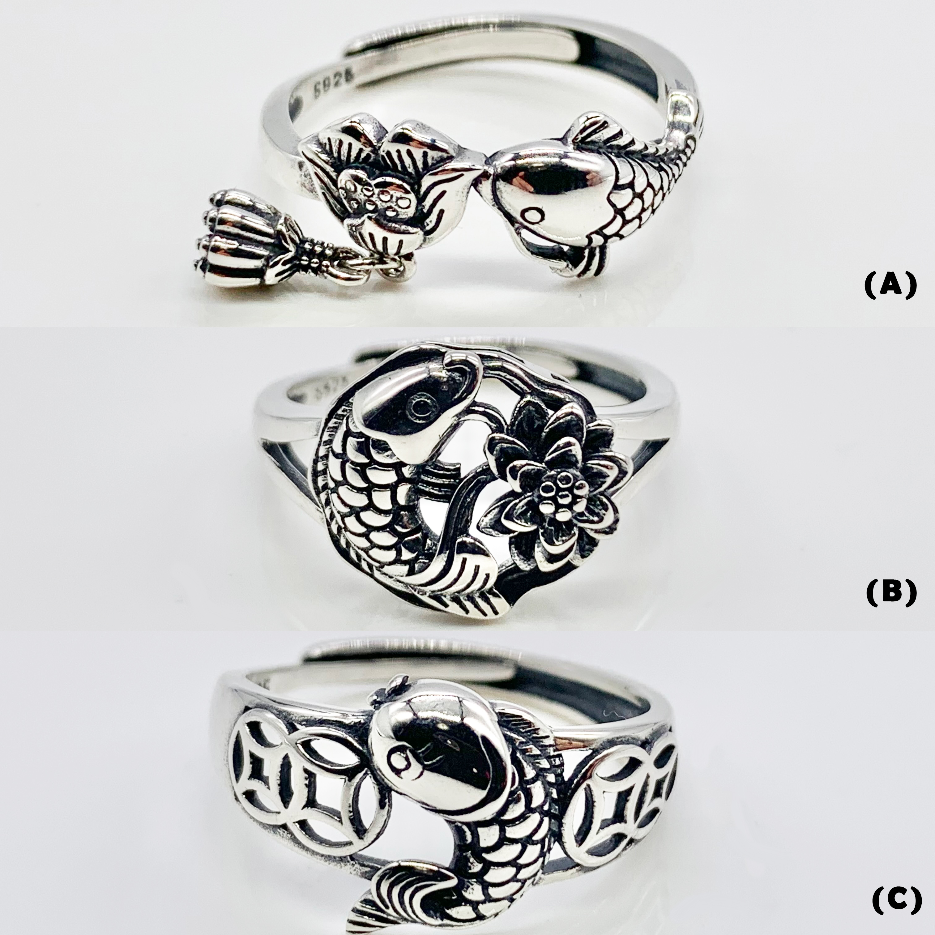 Vintage Japanese Carp Koi Fish adjustable Ring- Premium Real Sterling Silver S925,For Fish Lovers