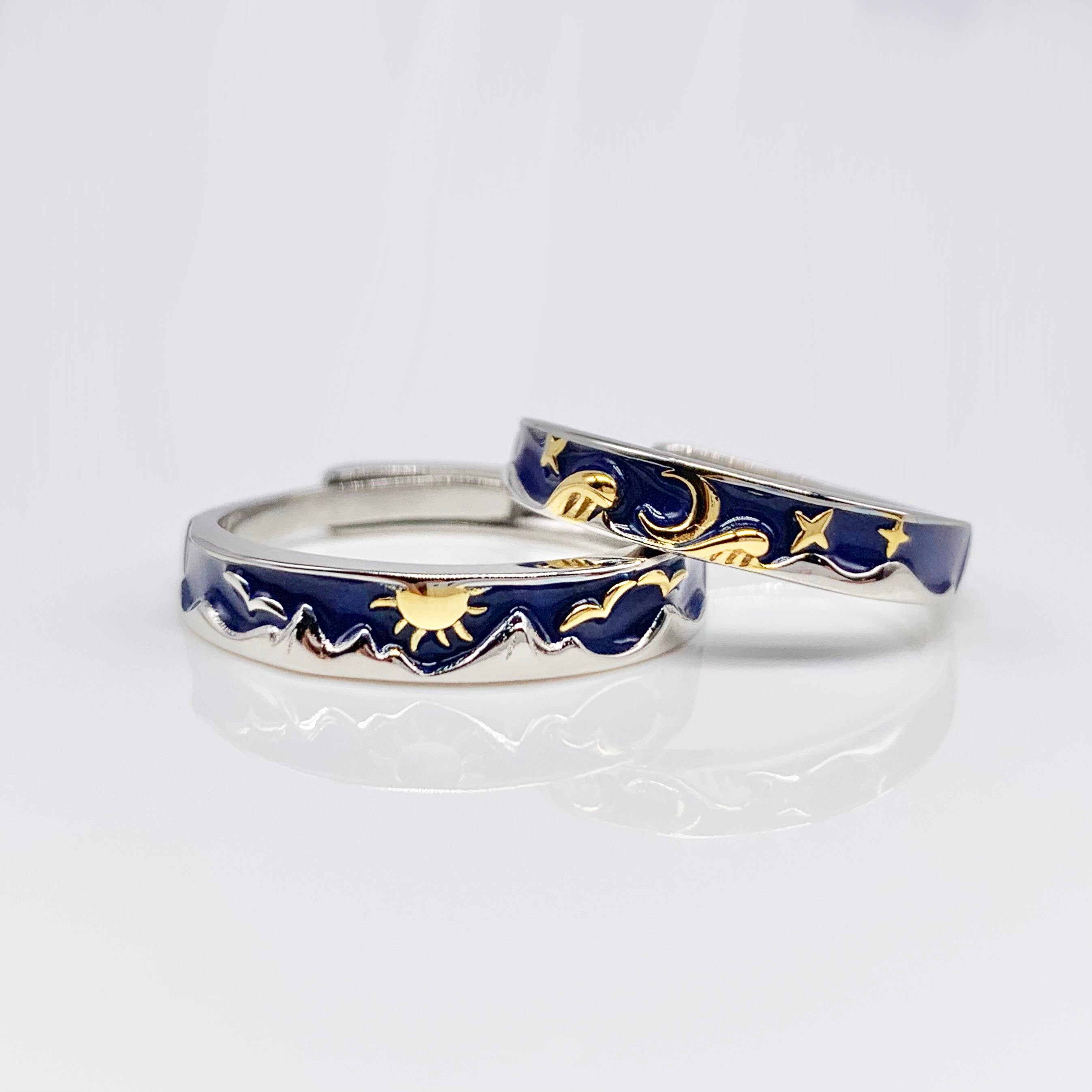 Van Gogh The Starry Night Set of 2 Adjustable Couples Rings-Premium Real Silver S925